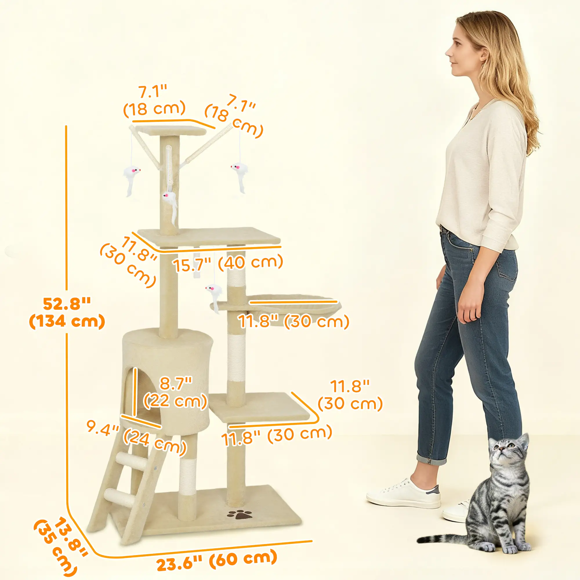 53 Inch Cat Tree Tower, Kitten Activity Centre, Beige - Image 3