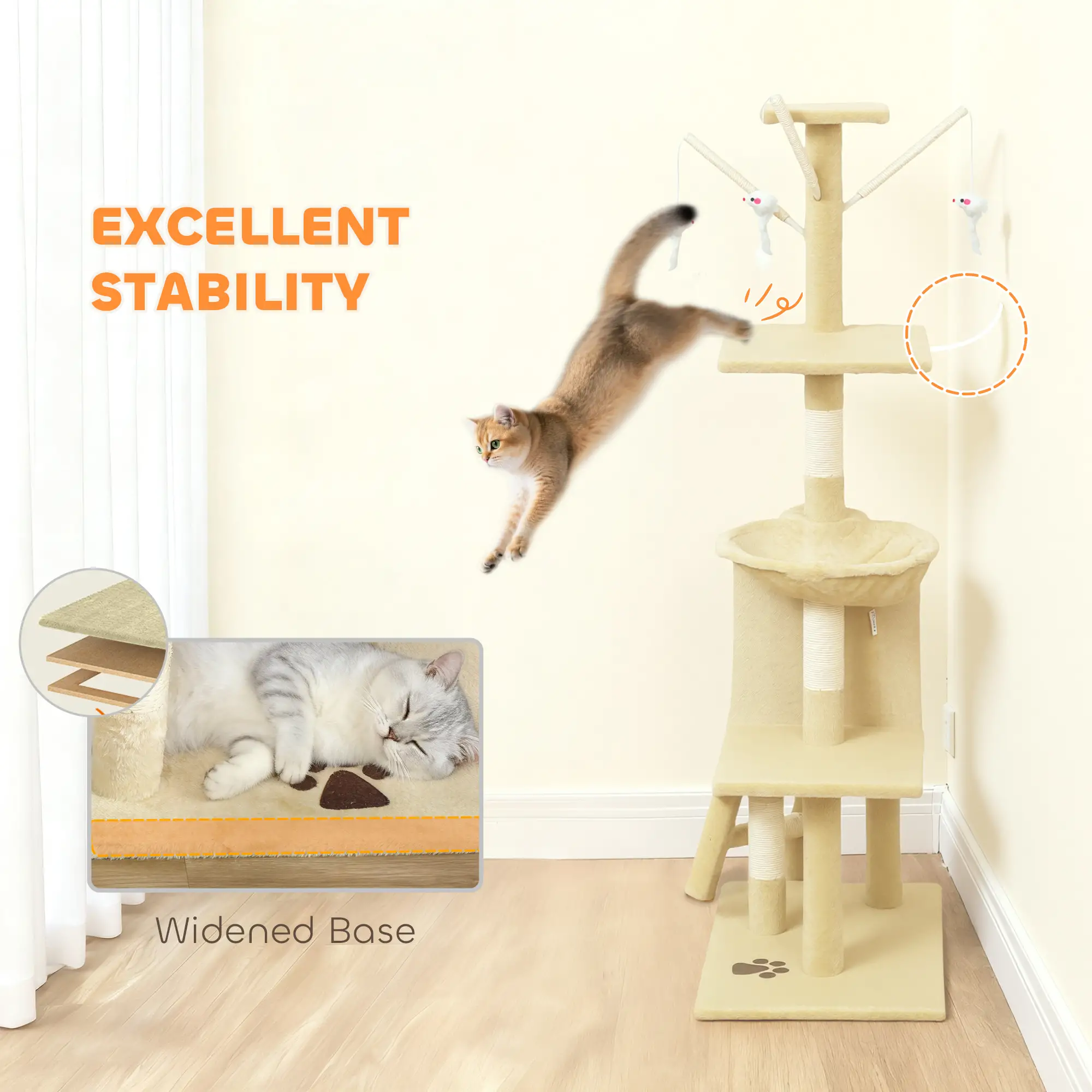 53 Inch Cat Tree Tower, Kitten Activity Centre, Beige - Image 6