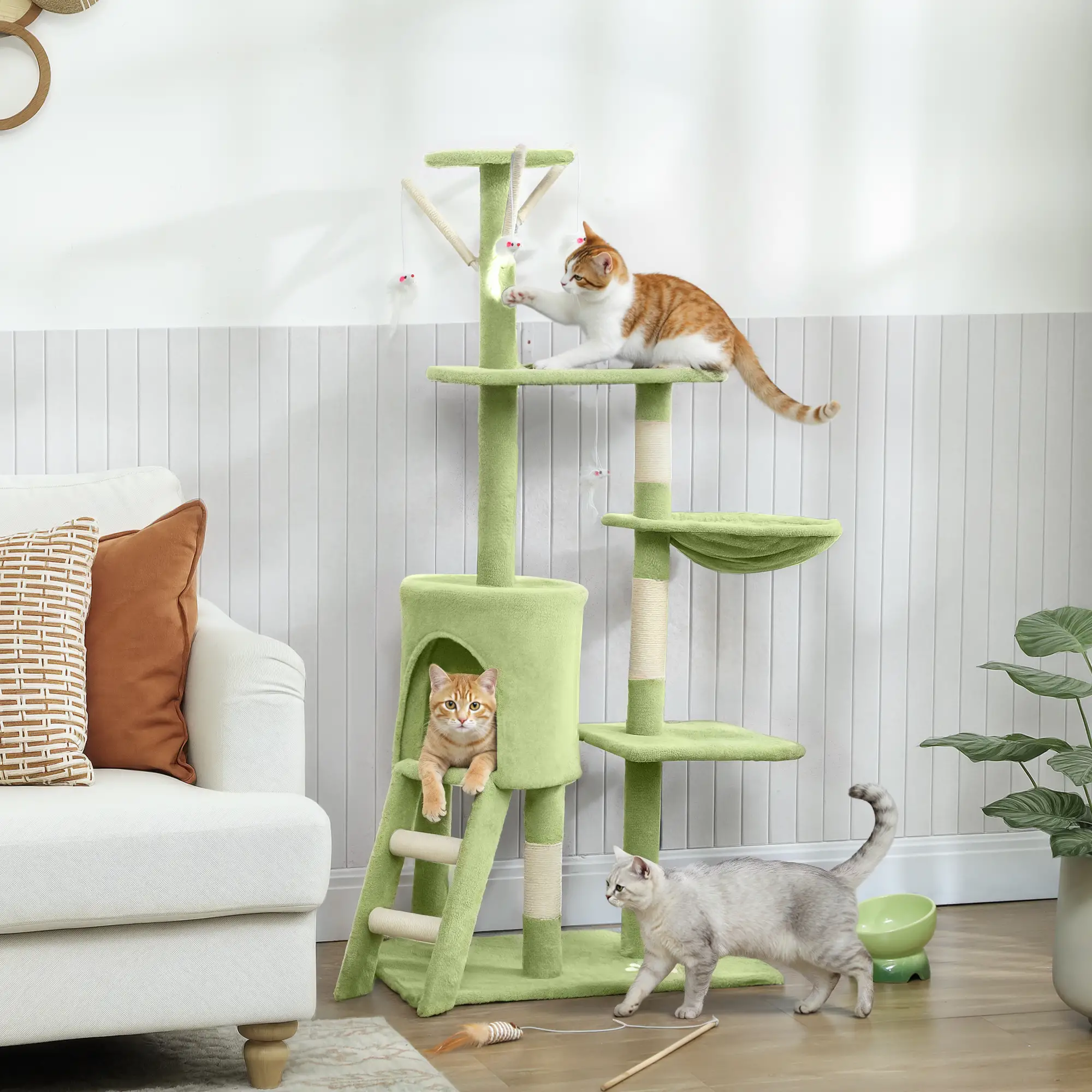 53 Inch Cat Tree Tower, Kitten Activity Centre, Green - Image 2