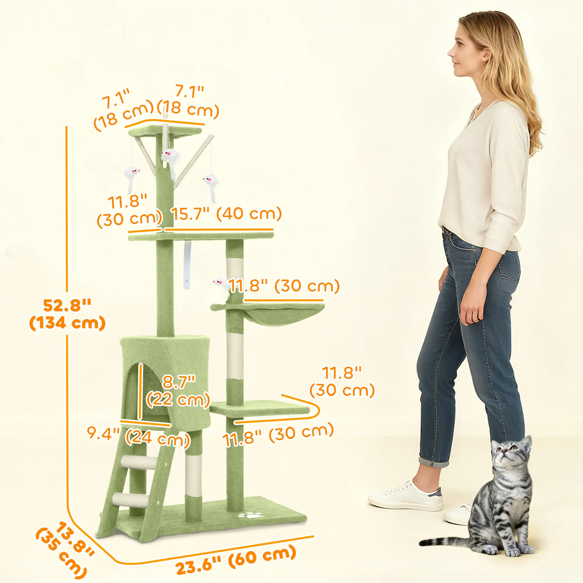53 Inch Cat Tree Tower, Kitten Activity Centre, Green - Image 3