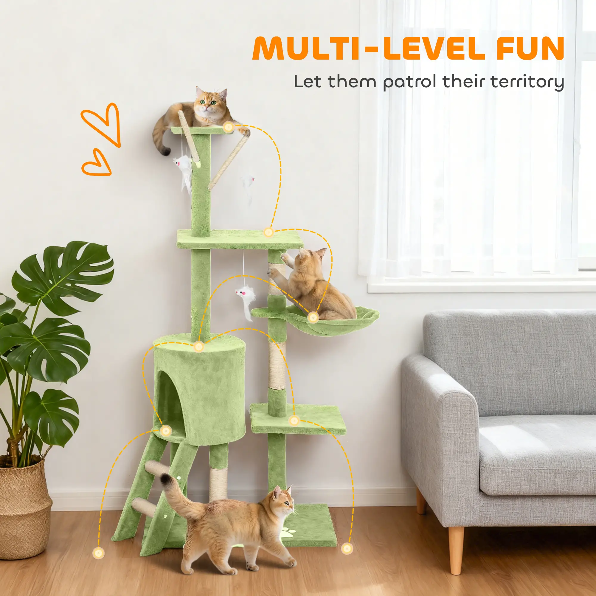53 Inch Cat Tree Tower, Kitten Activity Centre, Green - Image 4