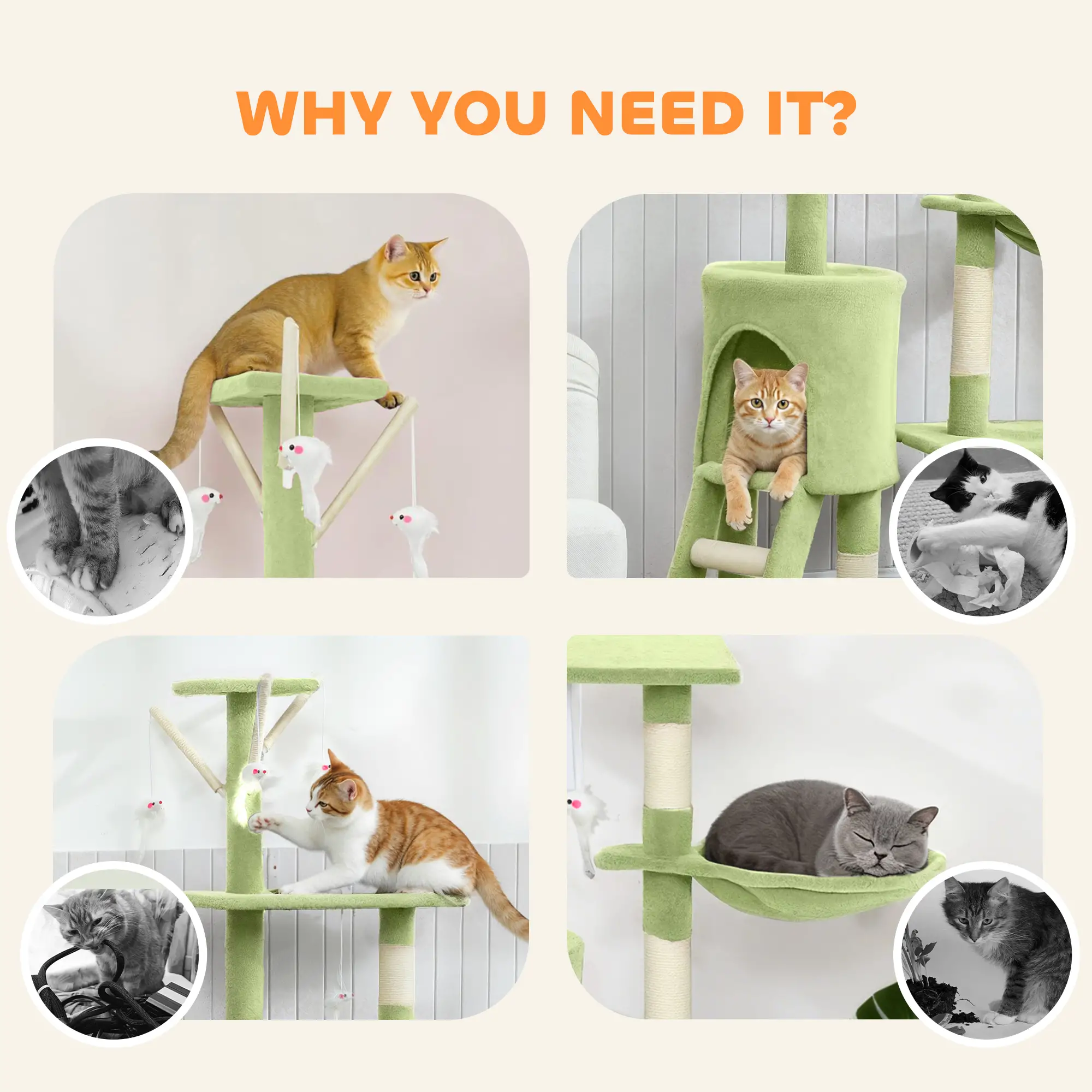 53 Inch Cat Tree Tower, Kitten Activity Centre, Green - Image 9