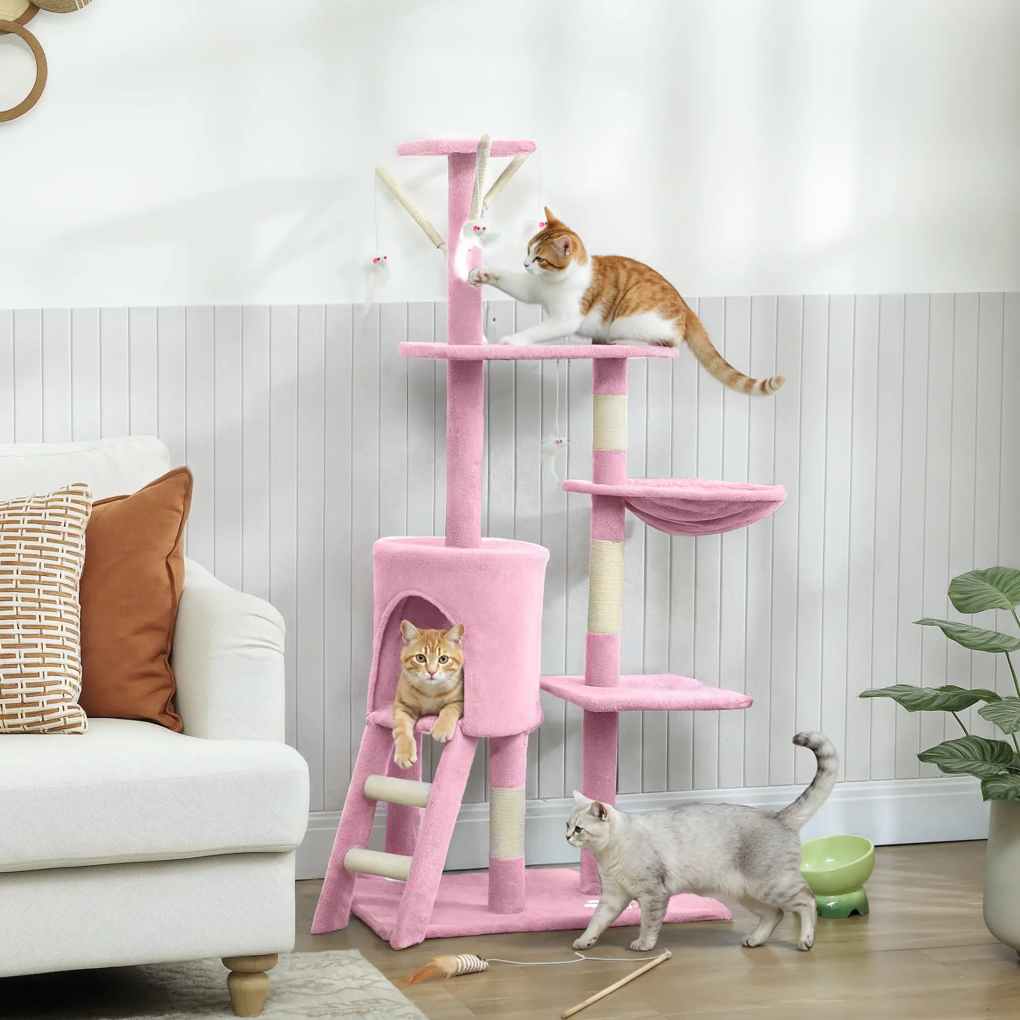 53 Inch Cat Tree Tower, Scratching Posts, Condo, Perches, Hammock, Pink - Image 2