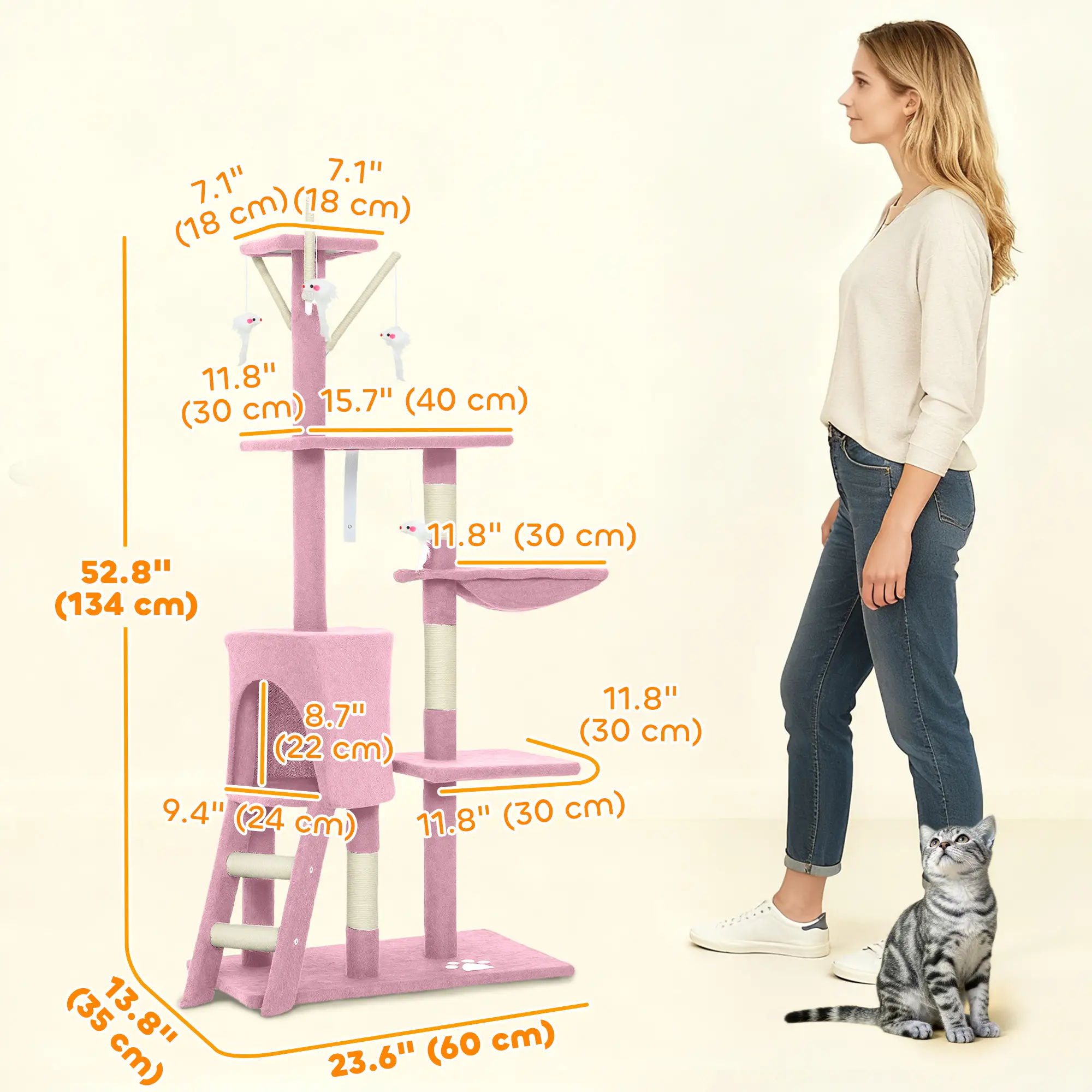 53 Inch Cat Tree Tower, Scratching Posts, Condo, Perches, Hammock, Pink - Image 3