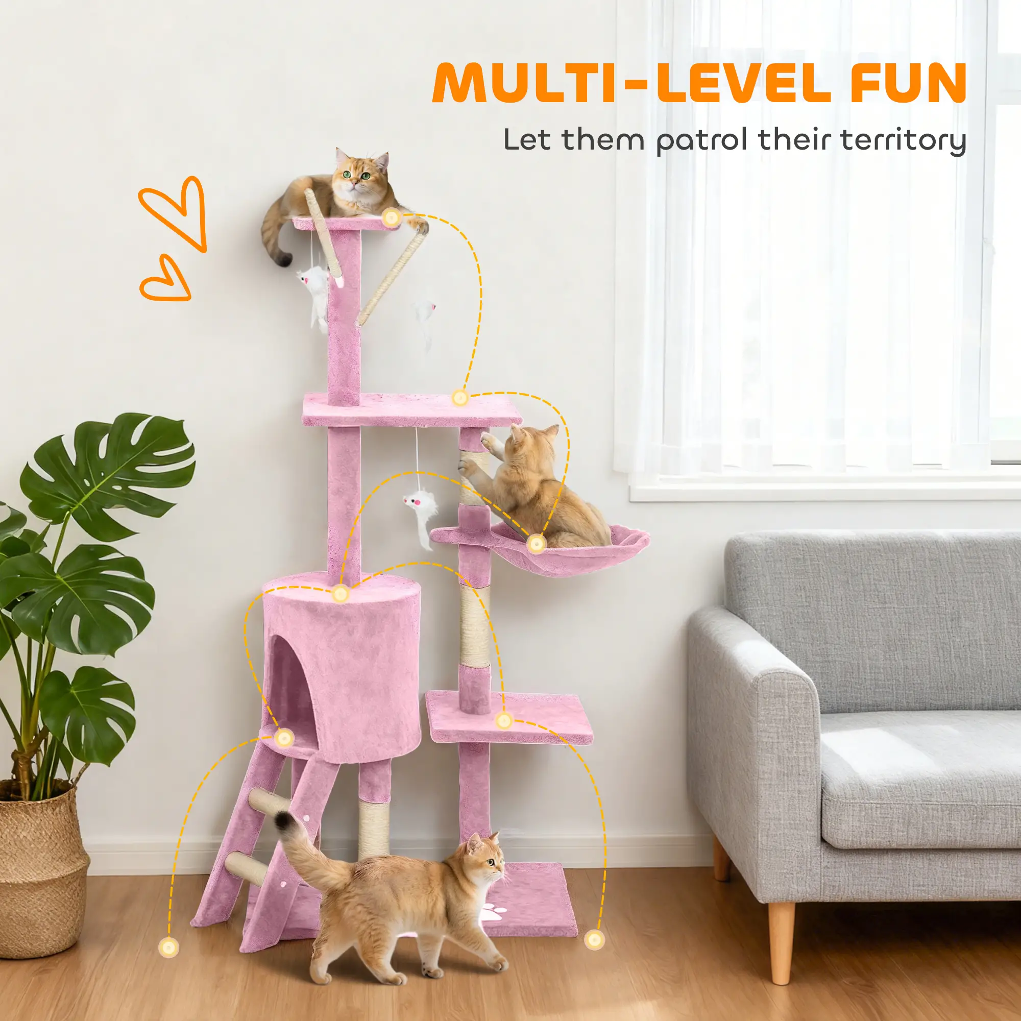 53 Inch Cat Tree Tower, Scratching Posts, Condo, Perches, Hammock, Pink - Image 4