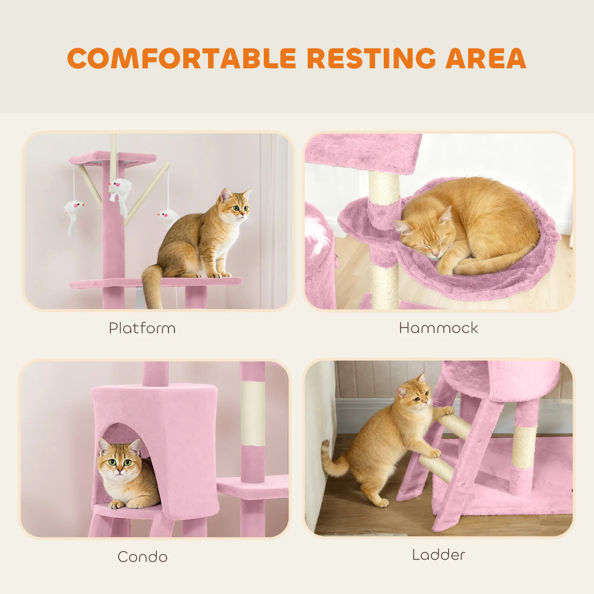 53 Inch Cat Tree Tower, Scratching Posts, Condo, Perches, Hammock, Pink - Image 5