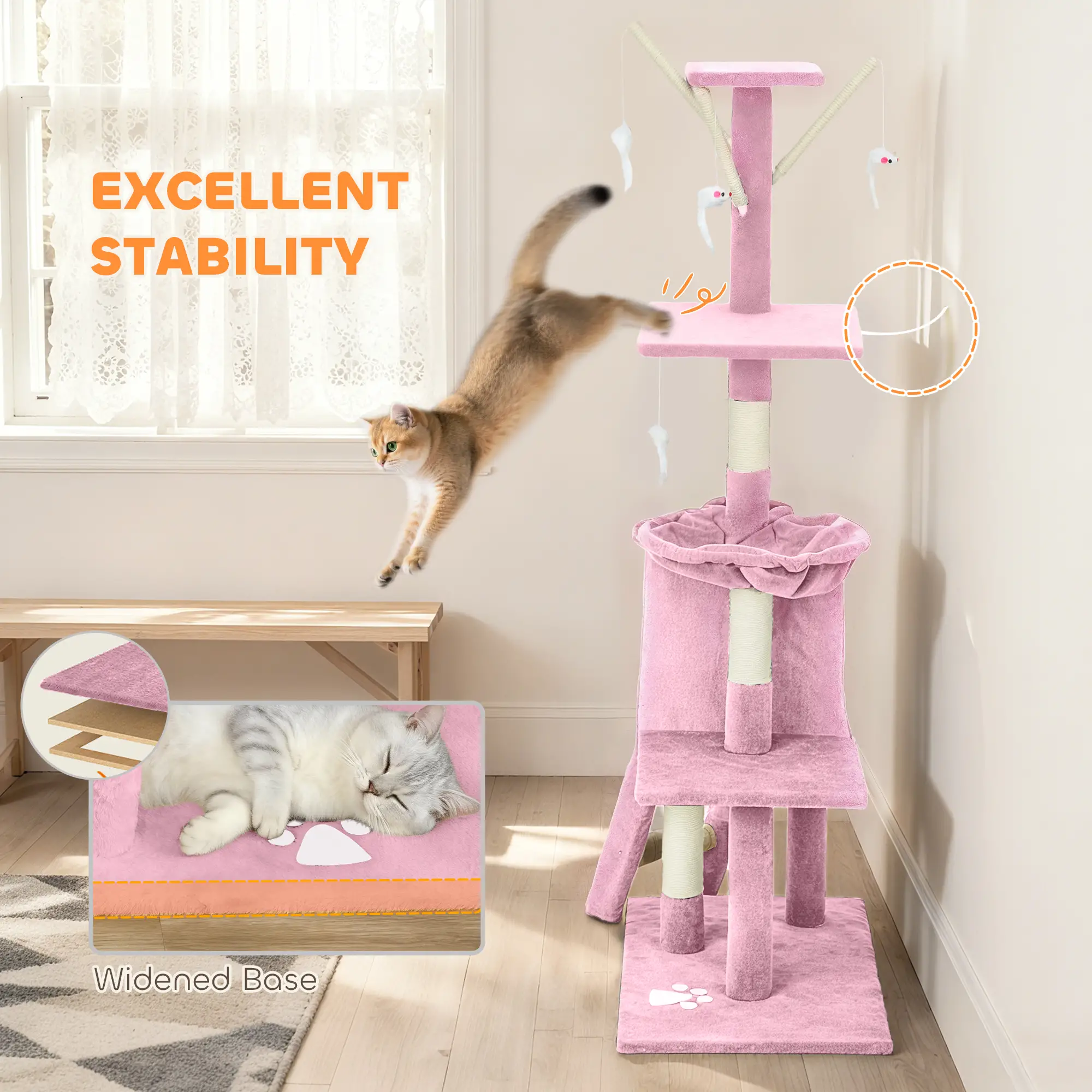 53 Inch Cat Tree Tower, Scratching Posts, Condo, Perches, Hammock, Pink - Image 6