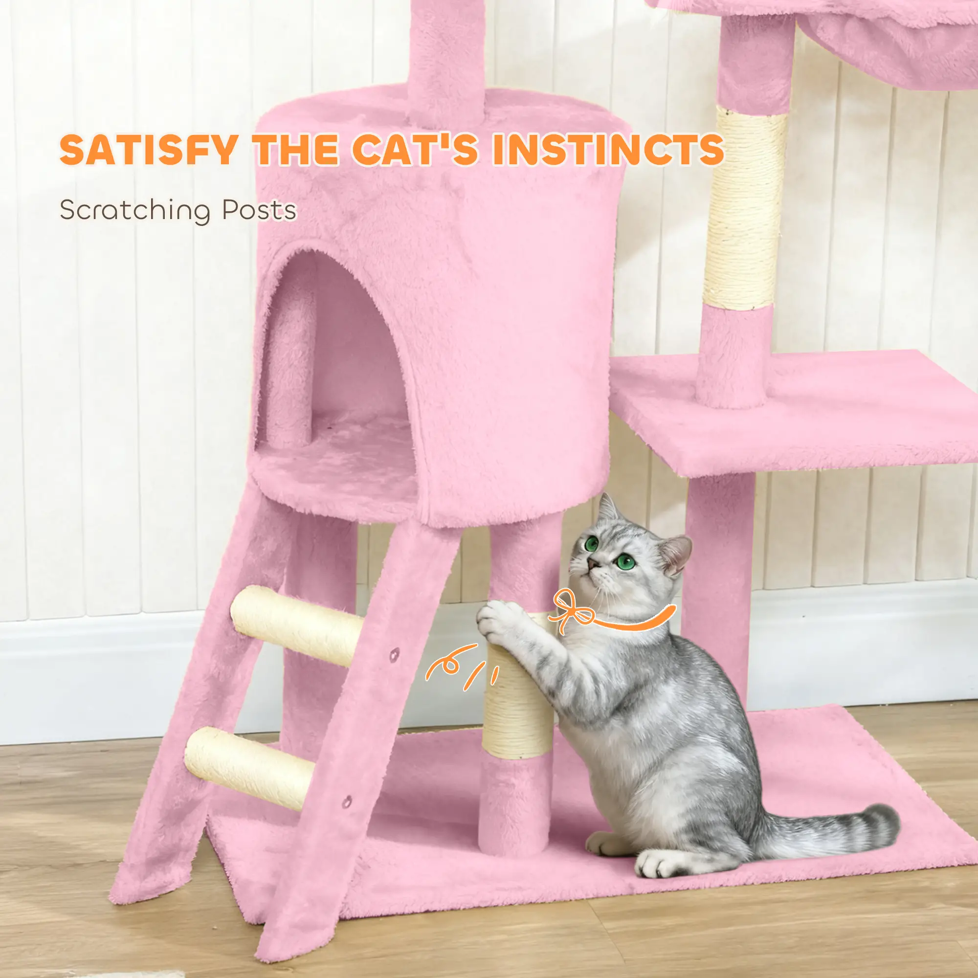 53 Inch Cat Tree Tower, Scratching Posts, Condo, Perches, Hammock, Pink - Image 7