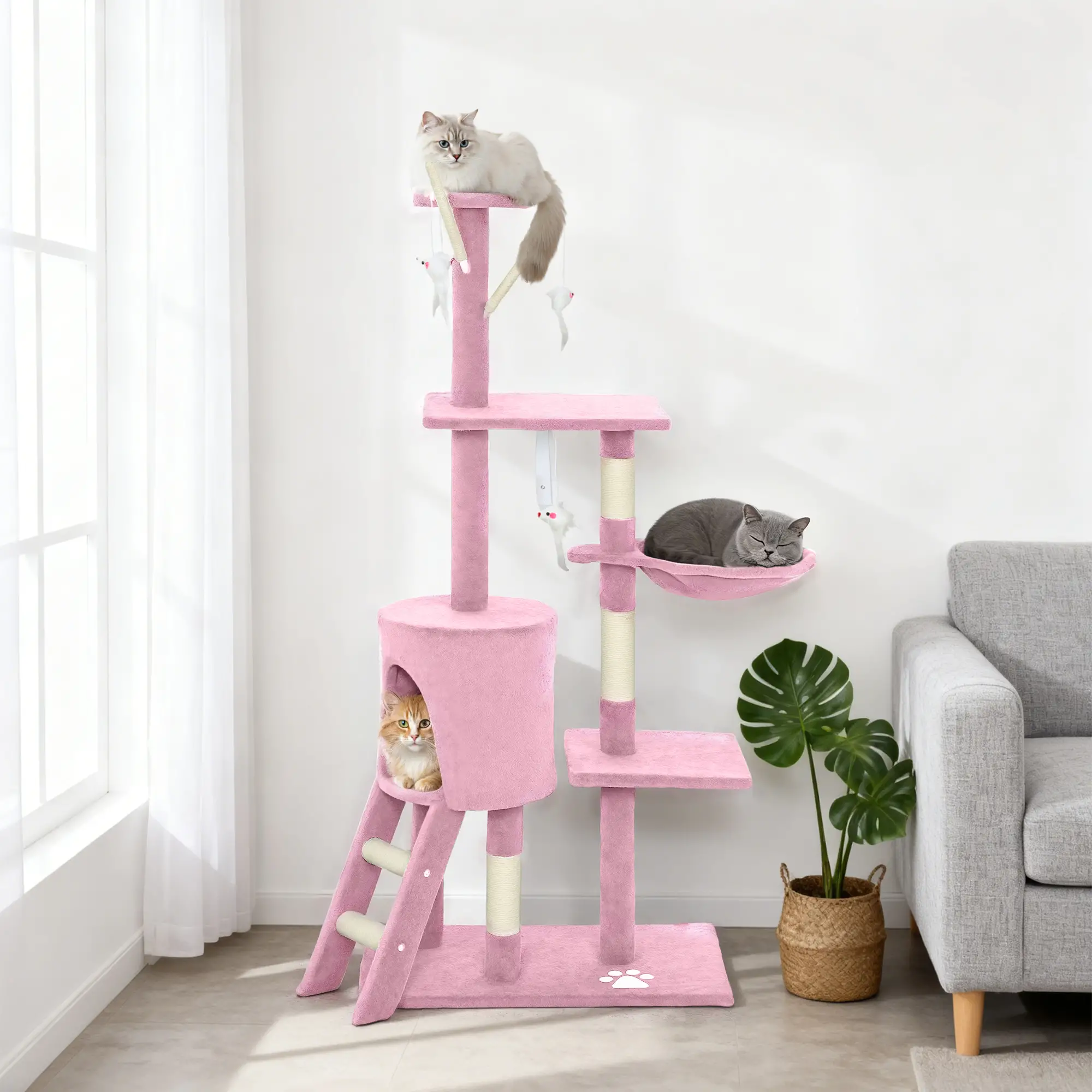 53 Inch Cat Tree Tower, Scratching Posts, Condo, Perches, Hammock, Pink - Image 8