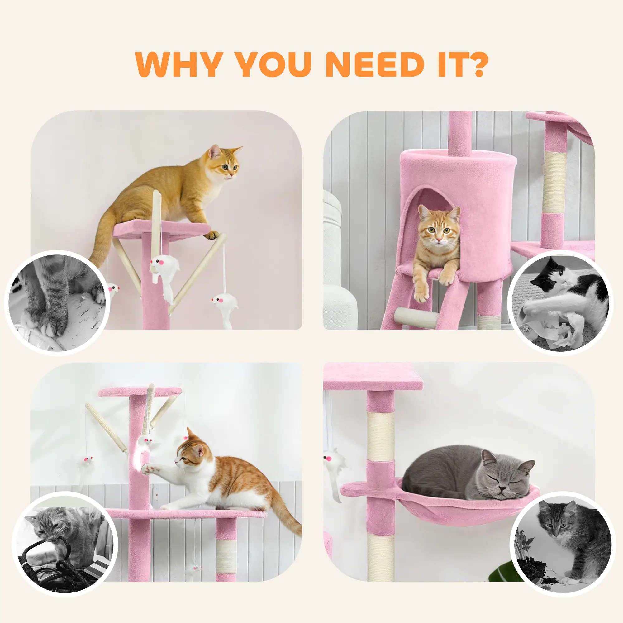 53 Inch Cat Tree Tower, Scratching Posts, Condo, Perches, Hammock, Pink - Image 9