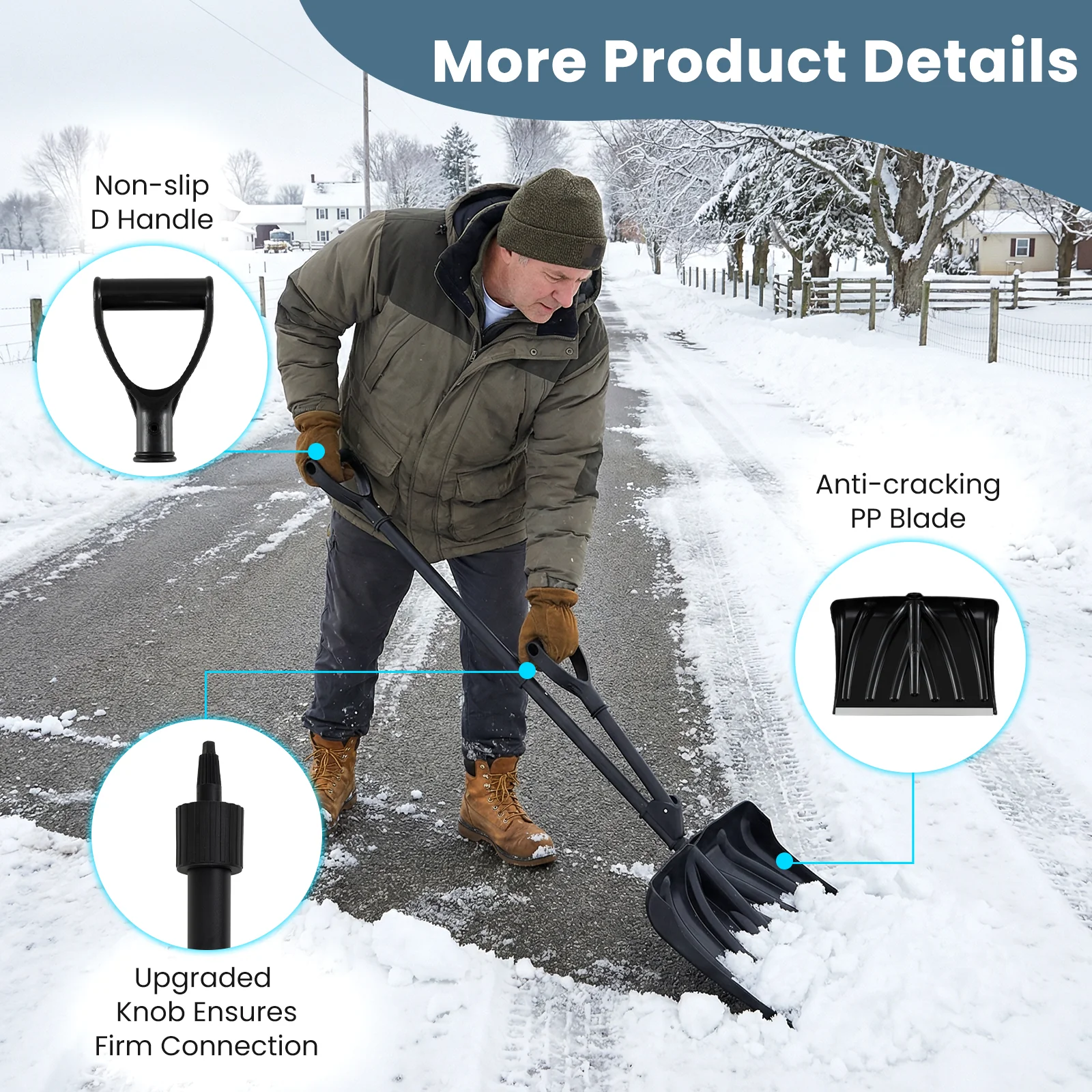 53 Inch Snow Shovel with Assist Handle for Driveway Car Garage Camping, Black - Image 9