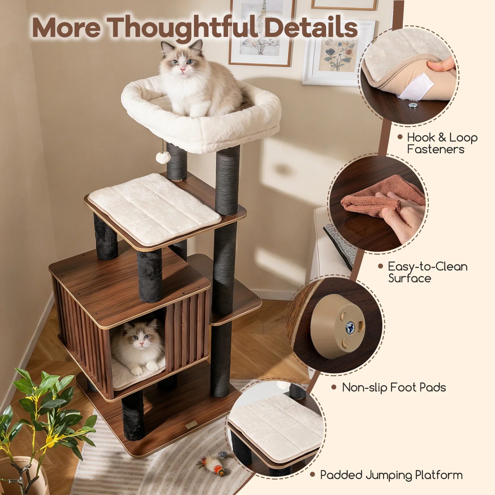 53.5 inch Tall Cat Tree for Indoor Cat Wooden Cat Tower Top Perch with Soft Padding, Brown - Image 10