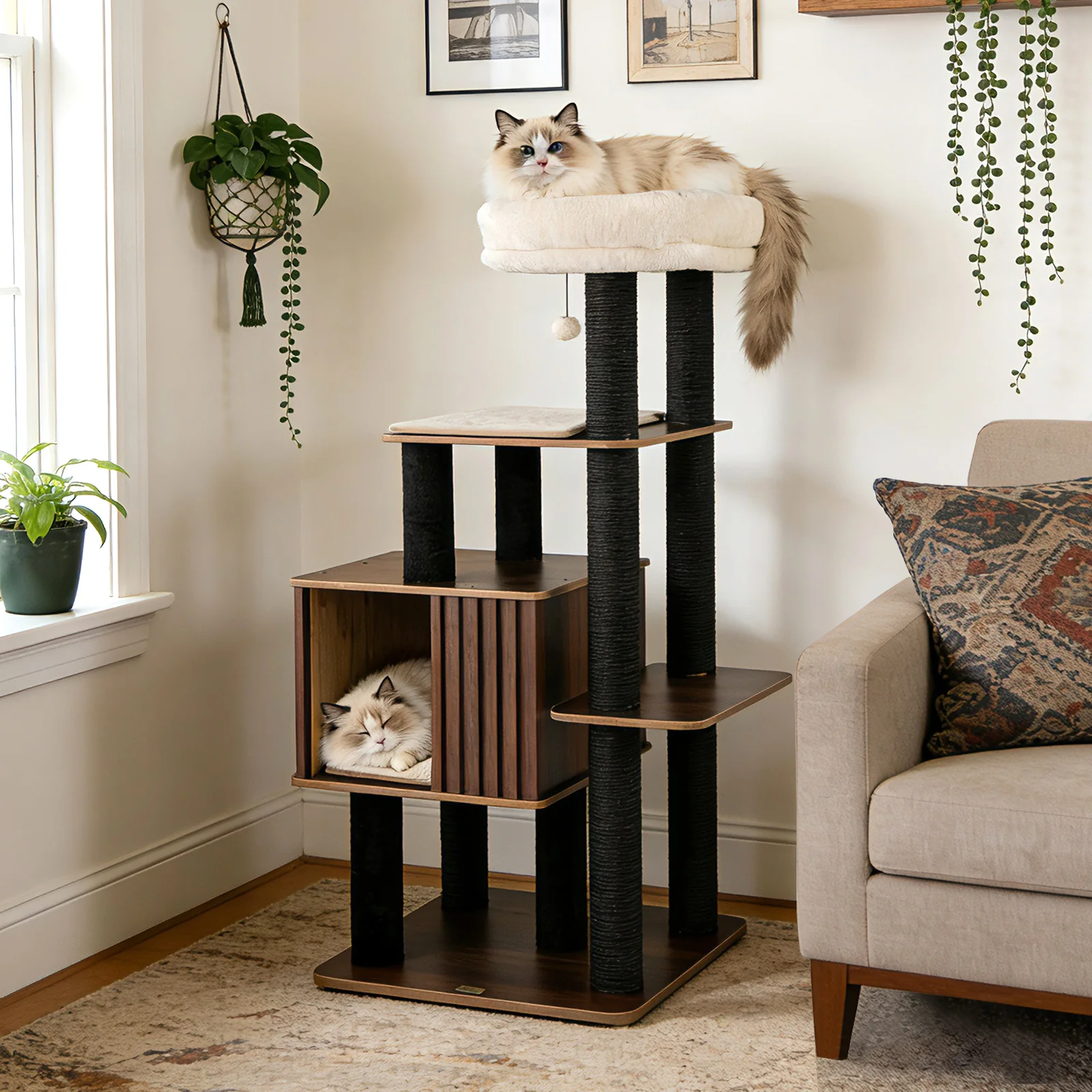 53.5 inch Tall Cat Tree for Indoor Cat Wooden Cat Tower Top Perch with Soft Padding, Brown - Image 2