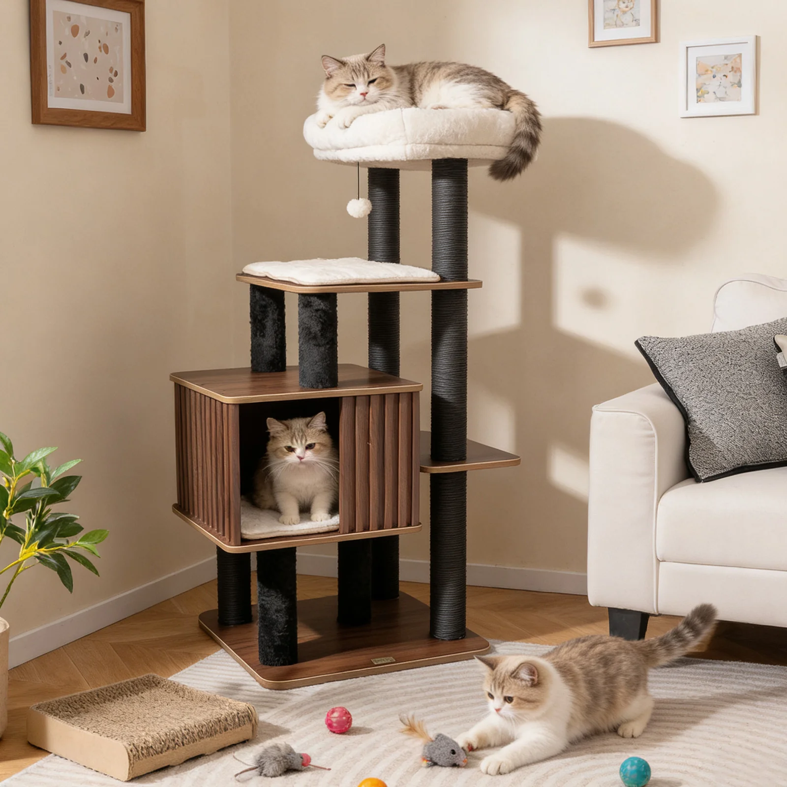 53.5 inch Tall Cat Tree for Indoor Cat Wooden Cat Tower Top Perch with Soft Padding, Brown - Image 3