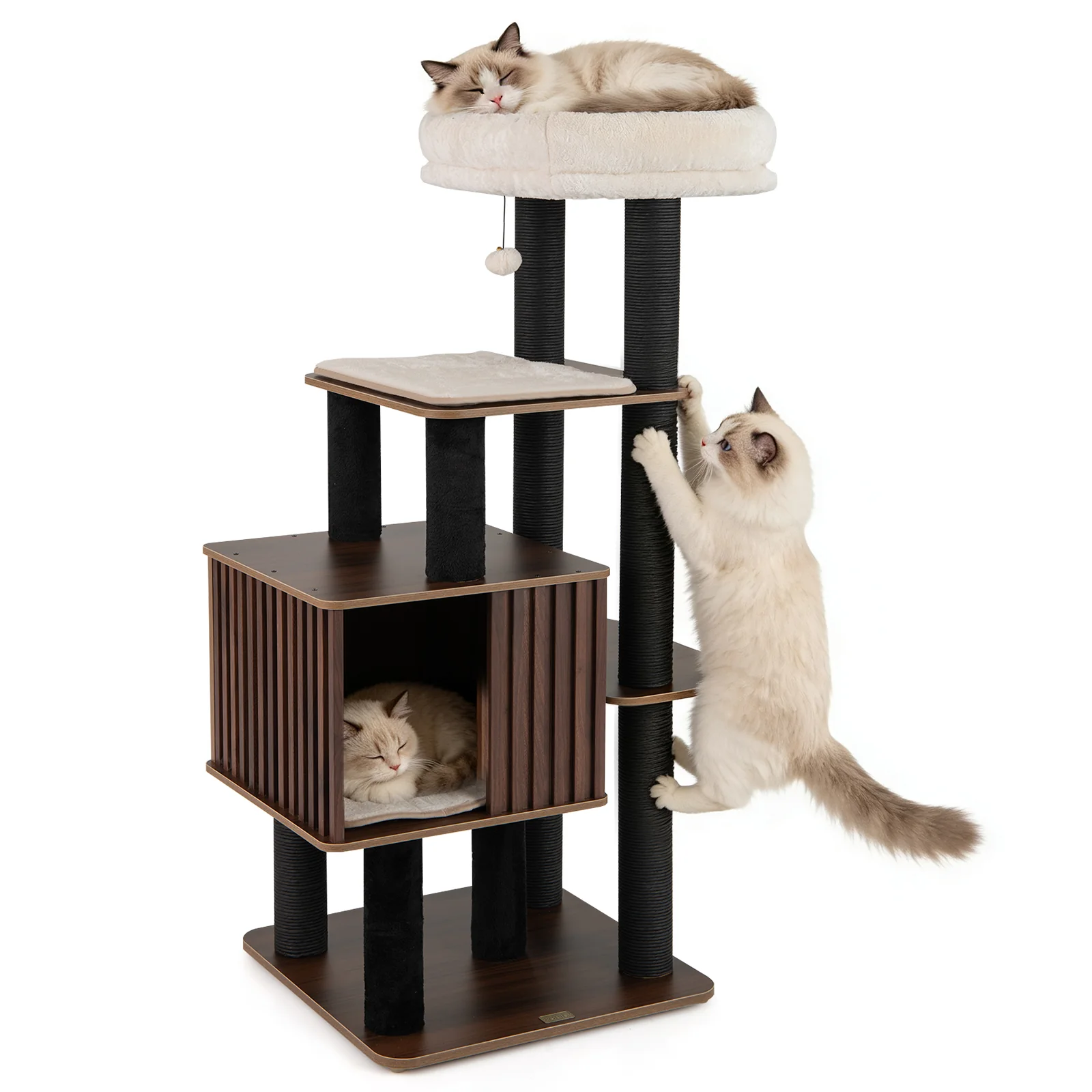 53.5 inch Tall Cat Tree for Indoor Cat Wooden Cat Tower Top Perch with Soft Padding, Brown - Image 4