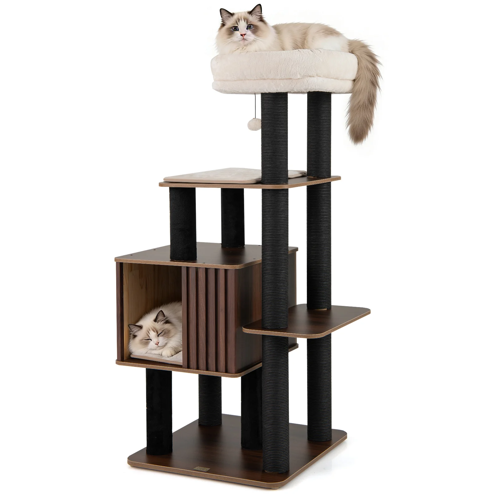 53.5 inch Tall Cat Tree for Indoor Cat Wooden Cat Tower Top Perch with Soft Padding, Brown - Image 5