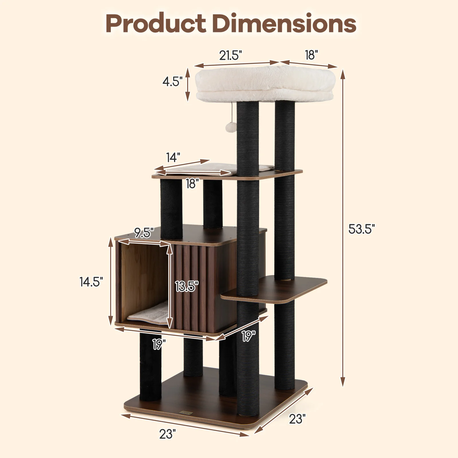 53.5 inch Tall Cat Tree for Indoor Cat Wooden Cat Tower Top Perch with Soft Padding, Brown - Image 6