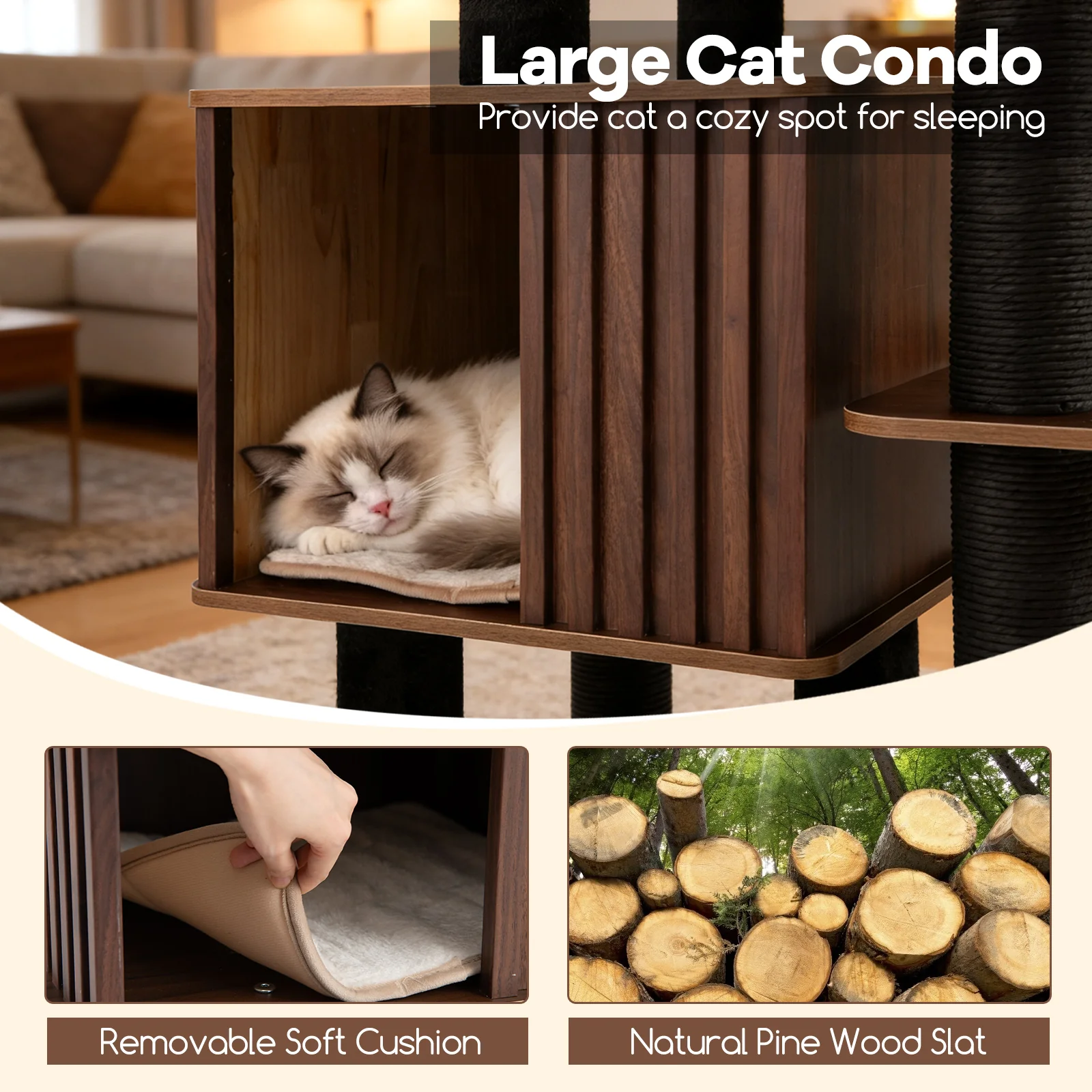 53.5 inch Tall Cat Tree for Indoor Cat Wooden Cat Tower Top Perch with Soft Padding, Brown - Image 7