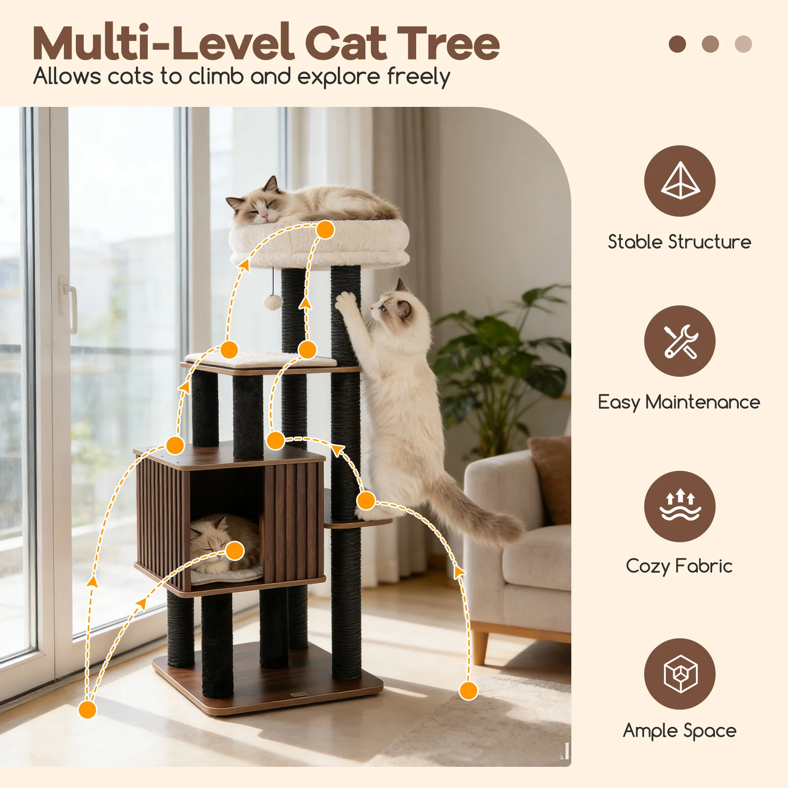 53.5 inch Tall Cat Tree for Indoor Cat Wooden Cat Tower Top Perch with Soft Padding, Brown - Image 9