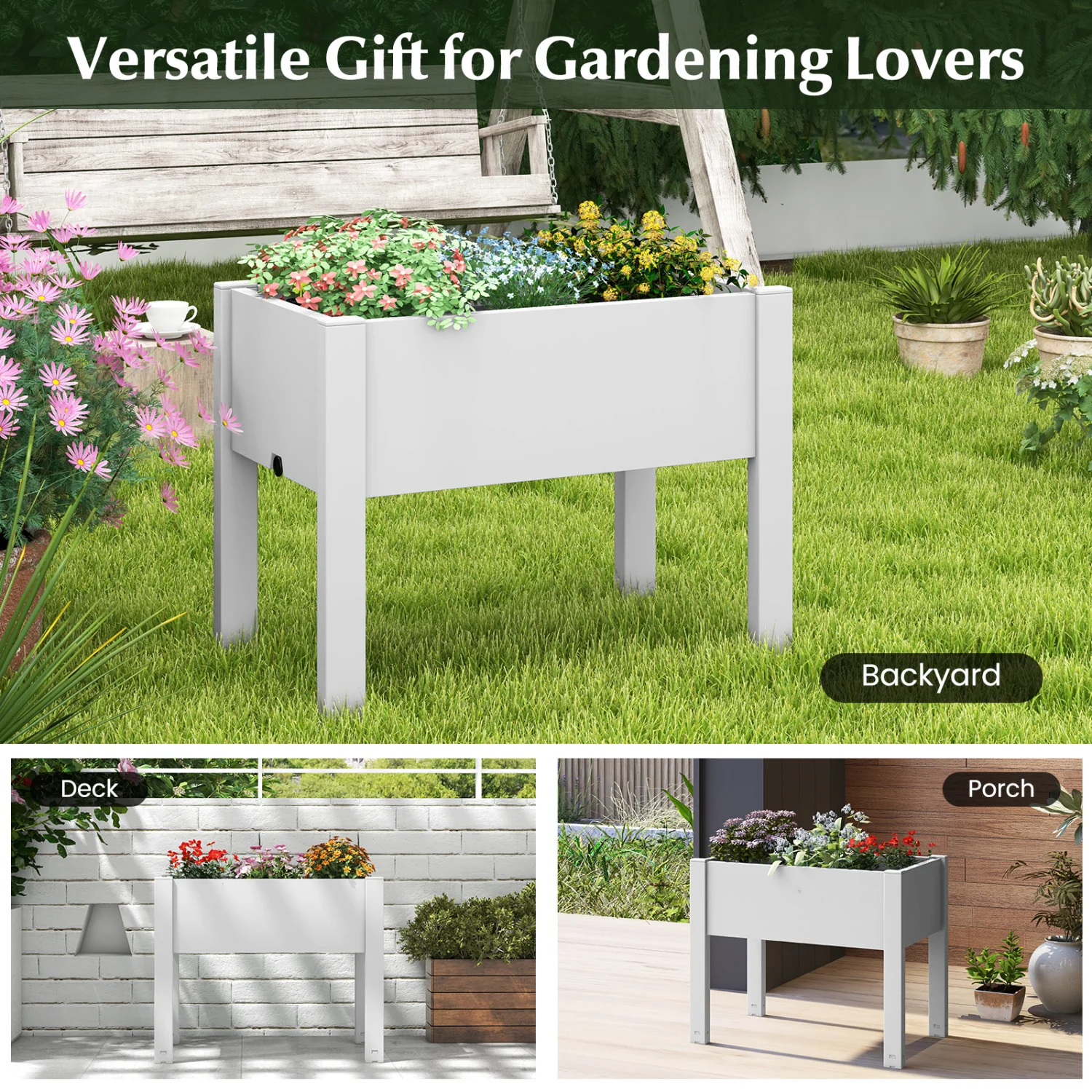 53L Raised Bed Grow Box, Self-Watering Planter Stand, Water Level Monitor, White - Image 10