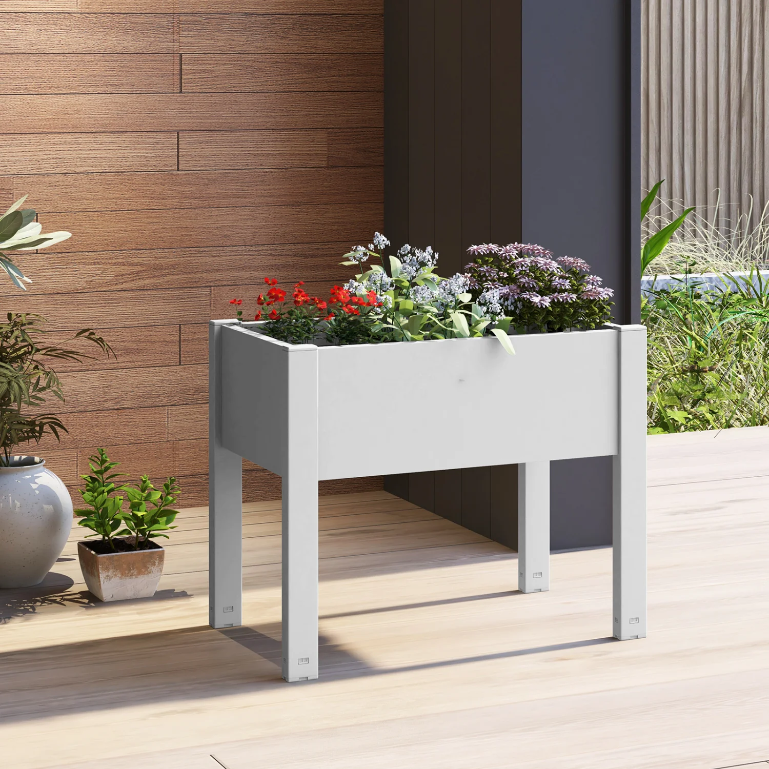 53L Raised Bed Grow Box, Self-Watering Planter Stand, Water Level Monitor, White - Image 3