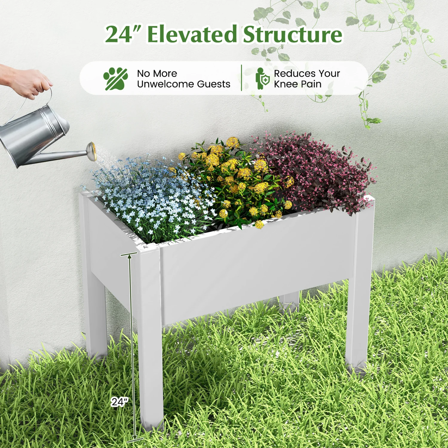53L Raised Bed Grow Box, Self-Watering Planter Stand, Water Level Monitor, White - Image 7