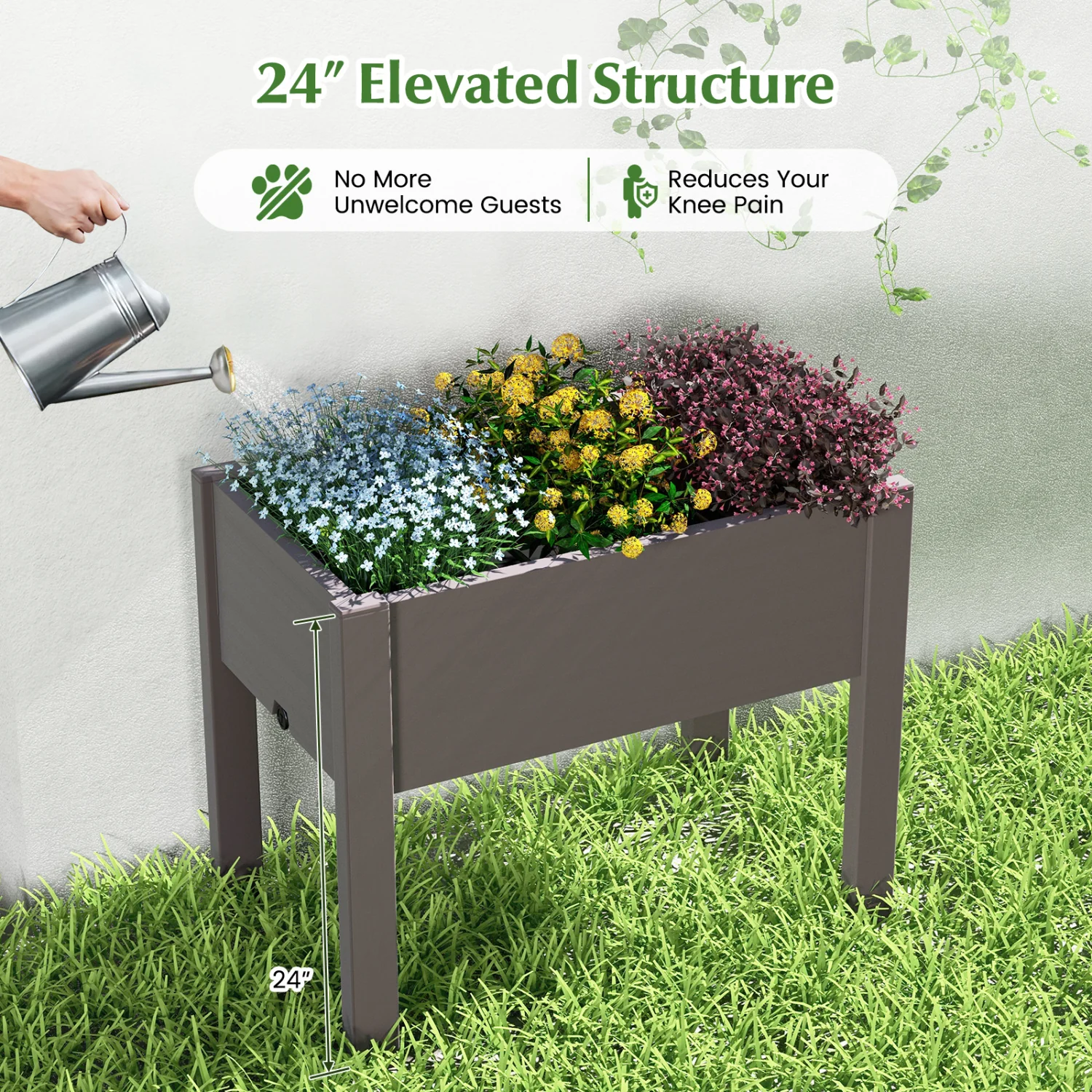 53L Raised Bed Grow Box, Self-Watering Planter, Water Level Monitor, Coffee - Image 7