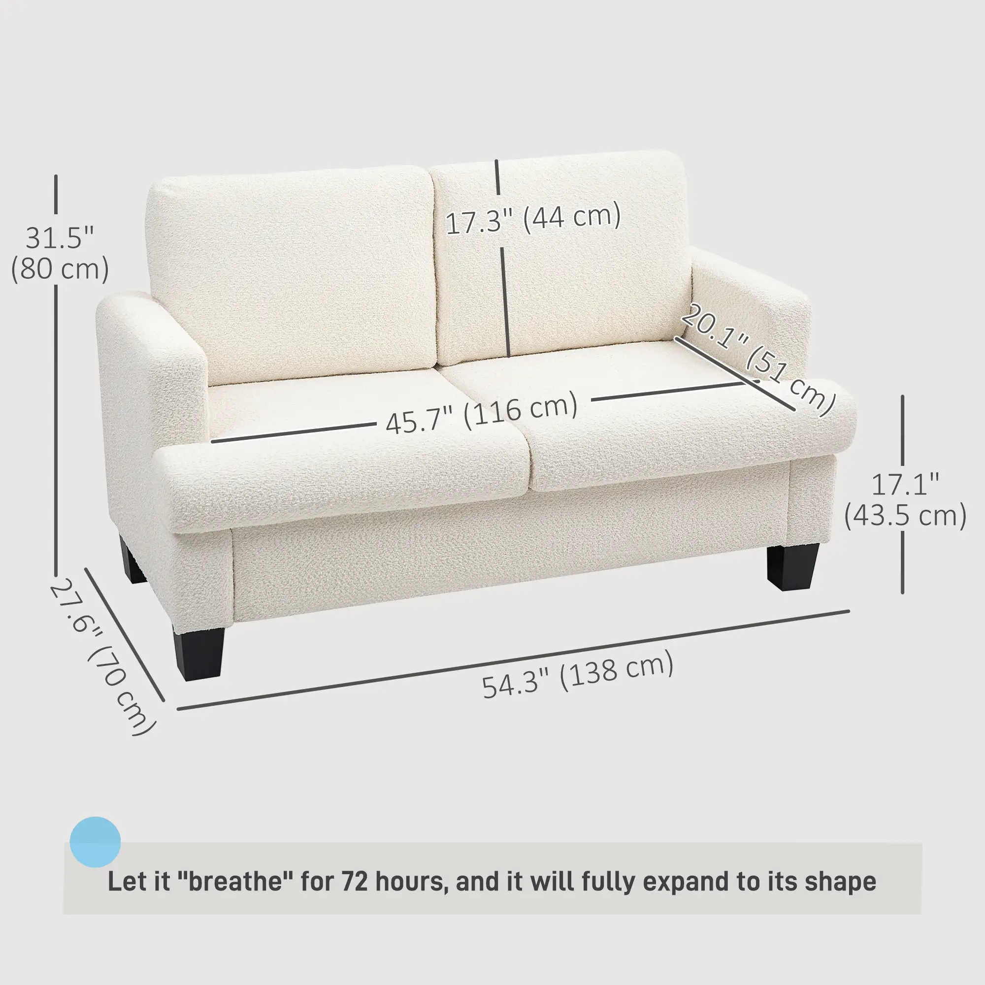 54.3" Loveseat Sofa, 2 Seater, Removable Cushions, Wood Frame, Cream White - Image 3