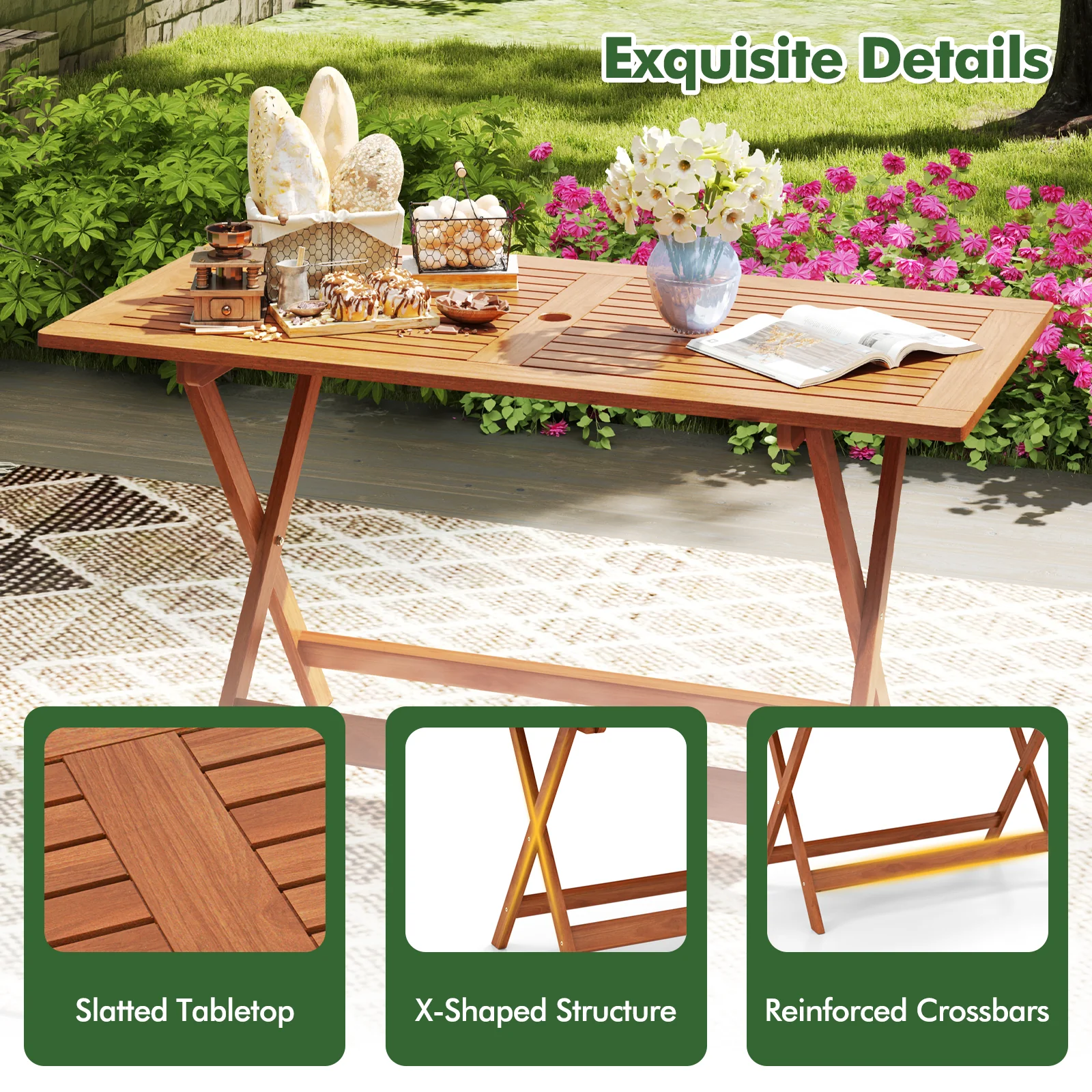 54.5 Inch x 27.5 Inch Patio Dining Table, Umbrella Hole, Teak - Image 10