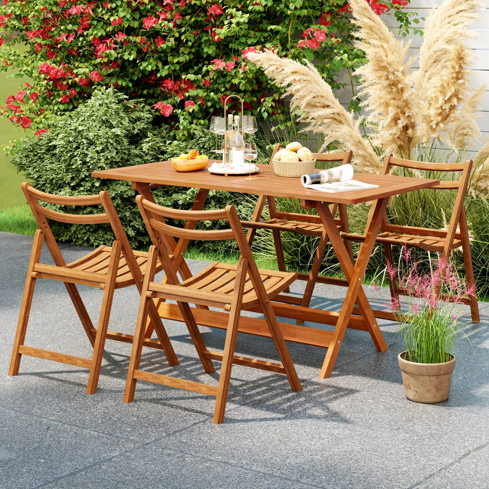 54.5 Inch x 27.5 Inch Patio Dining Table, Umbrella Hole, Teak - Image 2