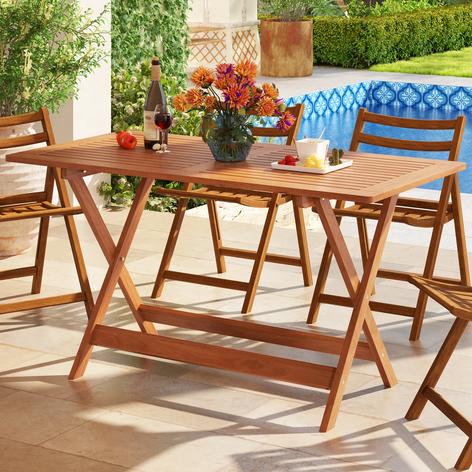 54.5 Inch x 27.5 Inch Patio Dining Table, Umbrella Hole, Teak - Image 3