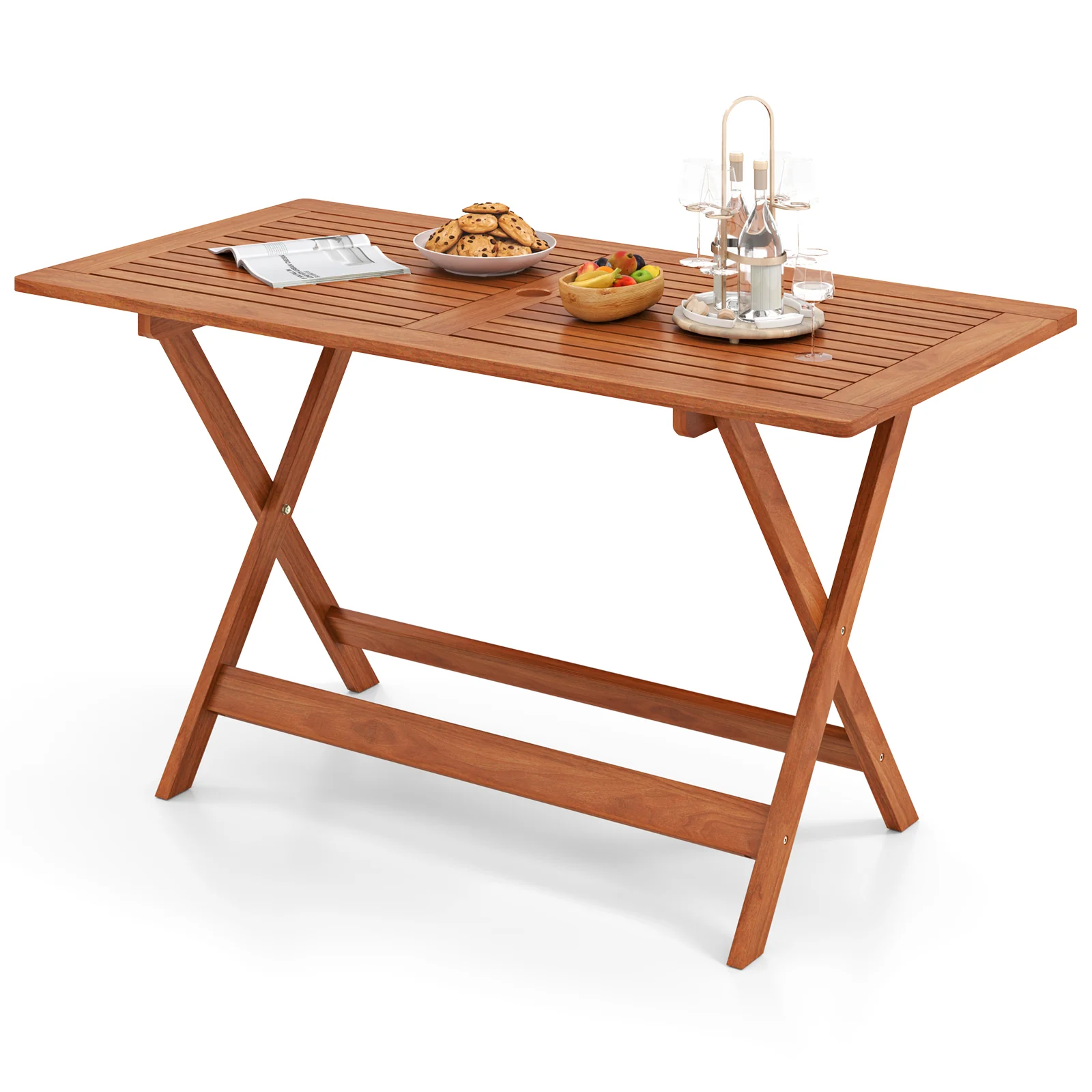 54.5 Inch x 27.5 Inch Patio Dining Table, Umbrella Hole, Teak - Image 5