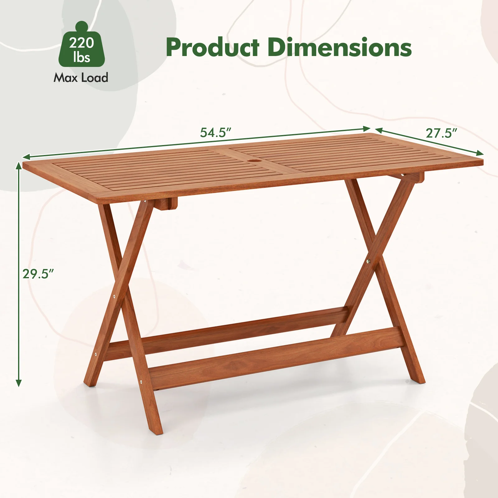 54.5 Inch x 27.5 Inch Patio Dining Table, Umbrella Hole, Teak - Image 6