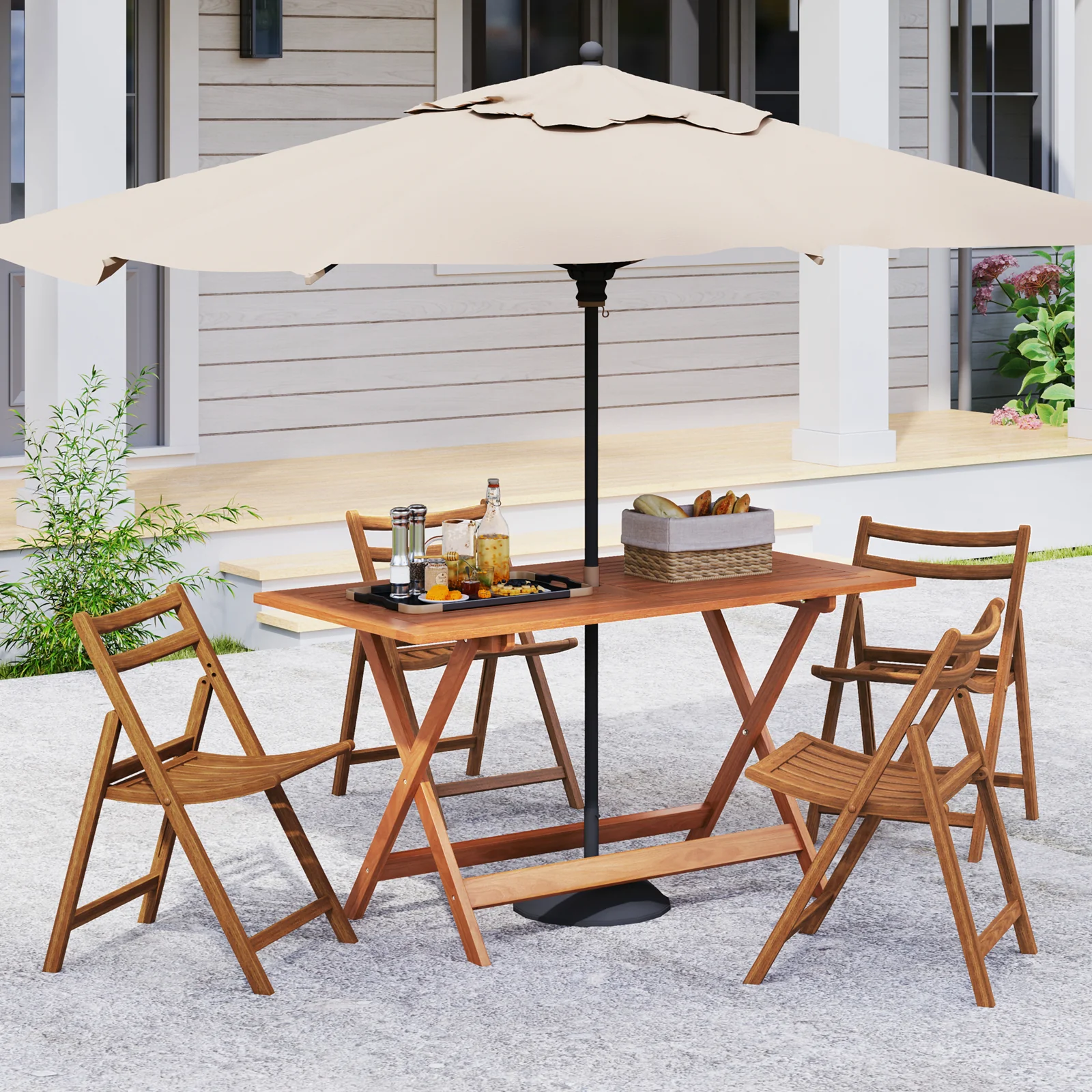 54.5 Inch x 27.5 Inch Patio Dining Table, Umbrella Hole, Teak - Image 7