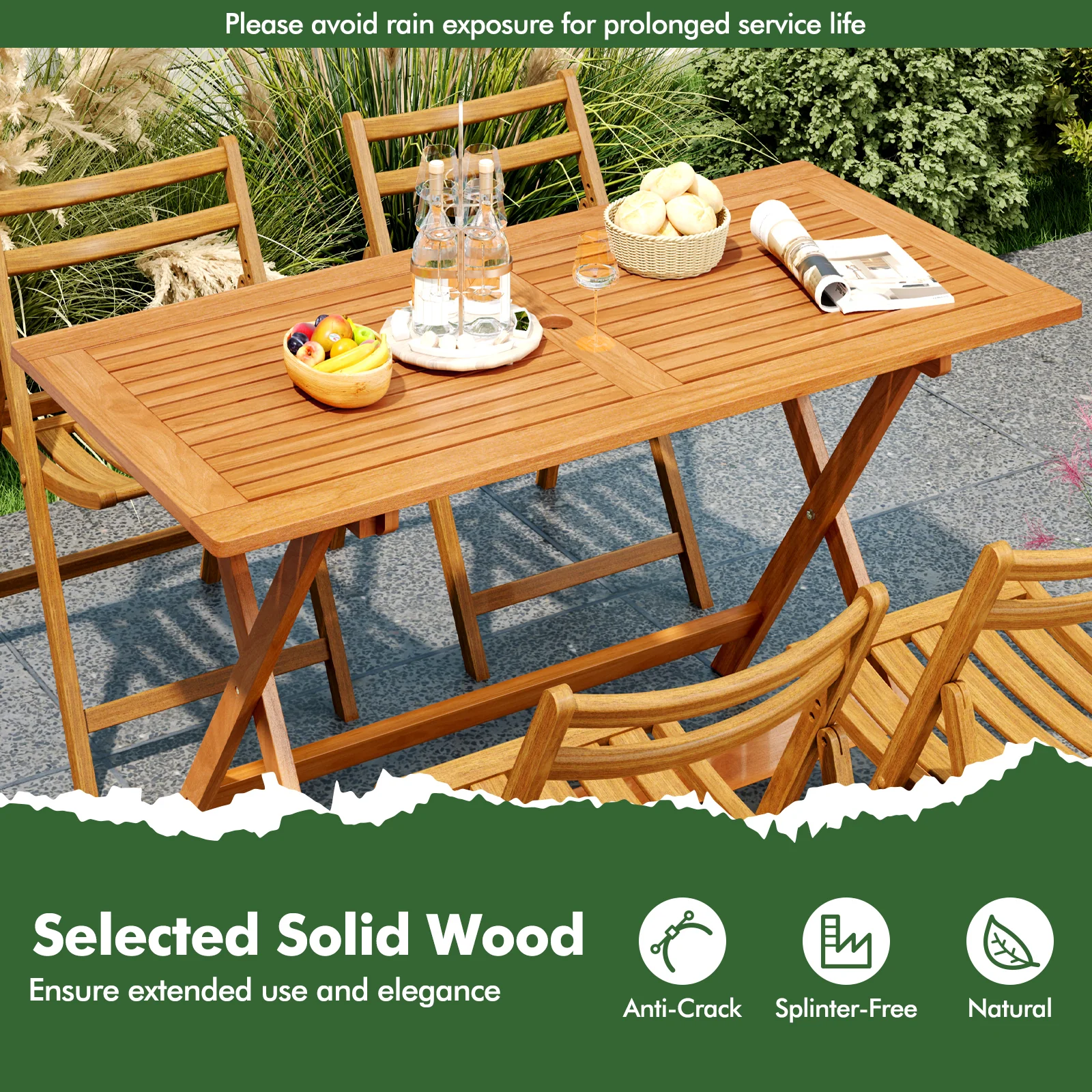 54.5 Inch x 27.5 Inch Patio Dining Table, Umbrella Hole, Teak - Image 8