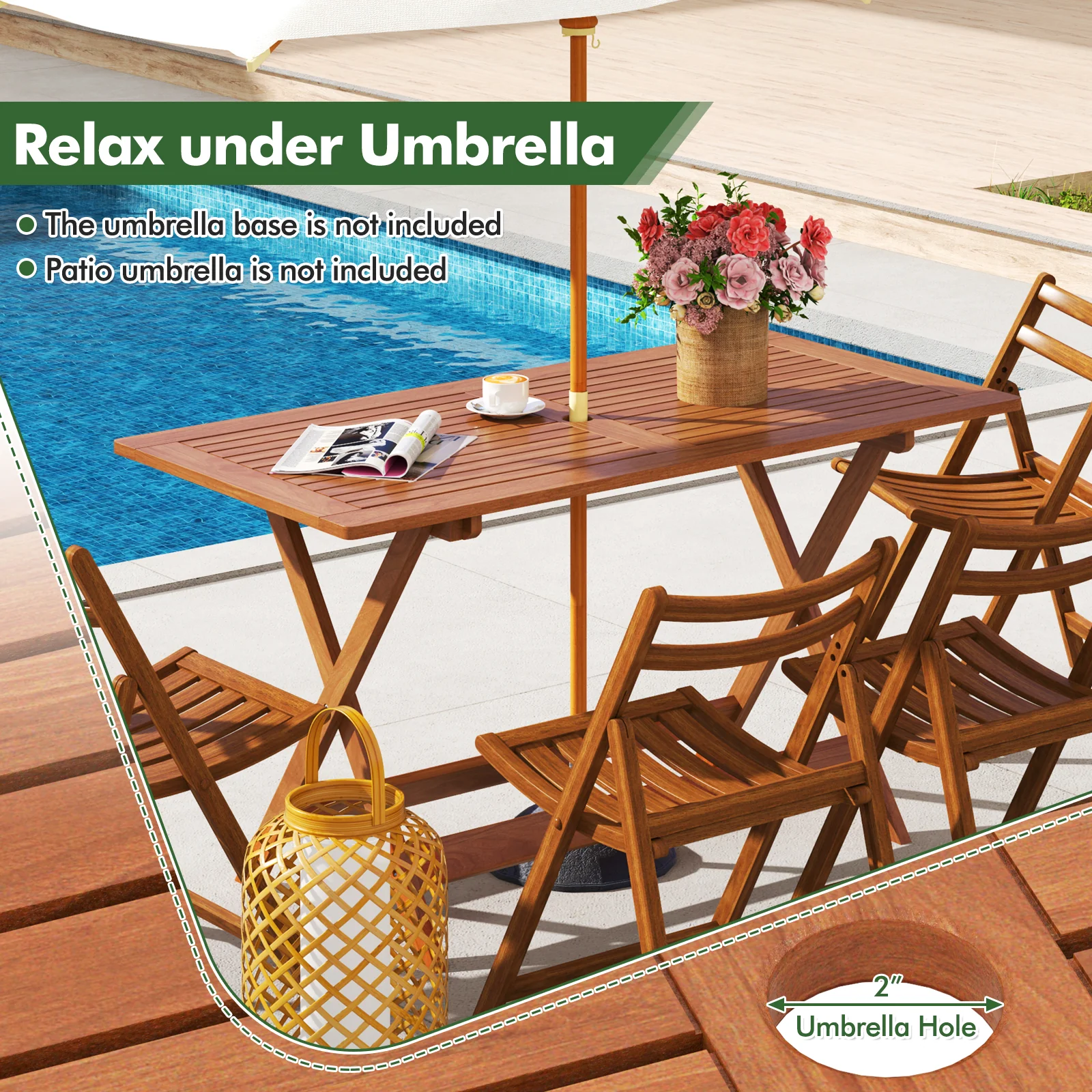 54.5 Inch x 27.5 Inch Patio Dining Table, Umbrella Hole, Teak - Image 9