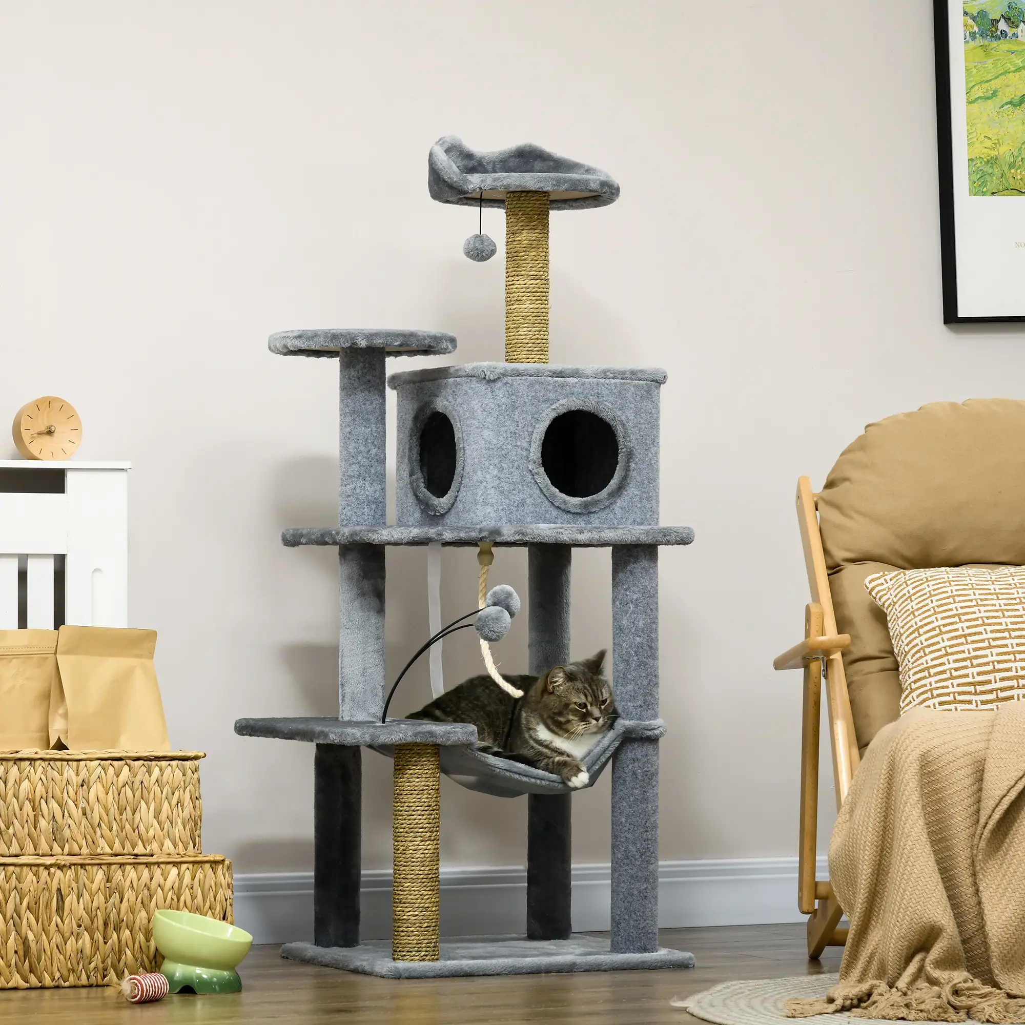 54" Cat Tree for Large Cats, Hammock, Scratching Post, Condo, Grey - Image 2