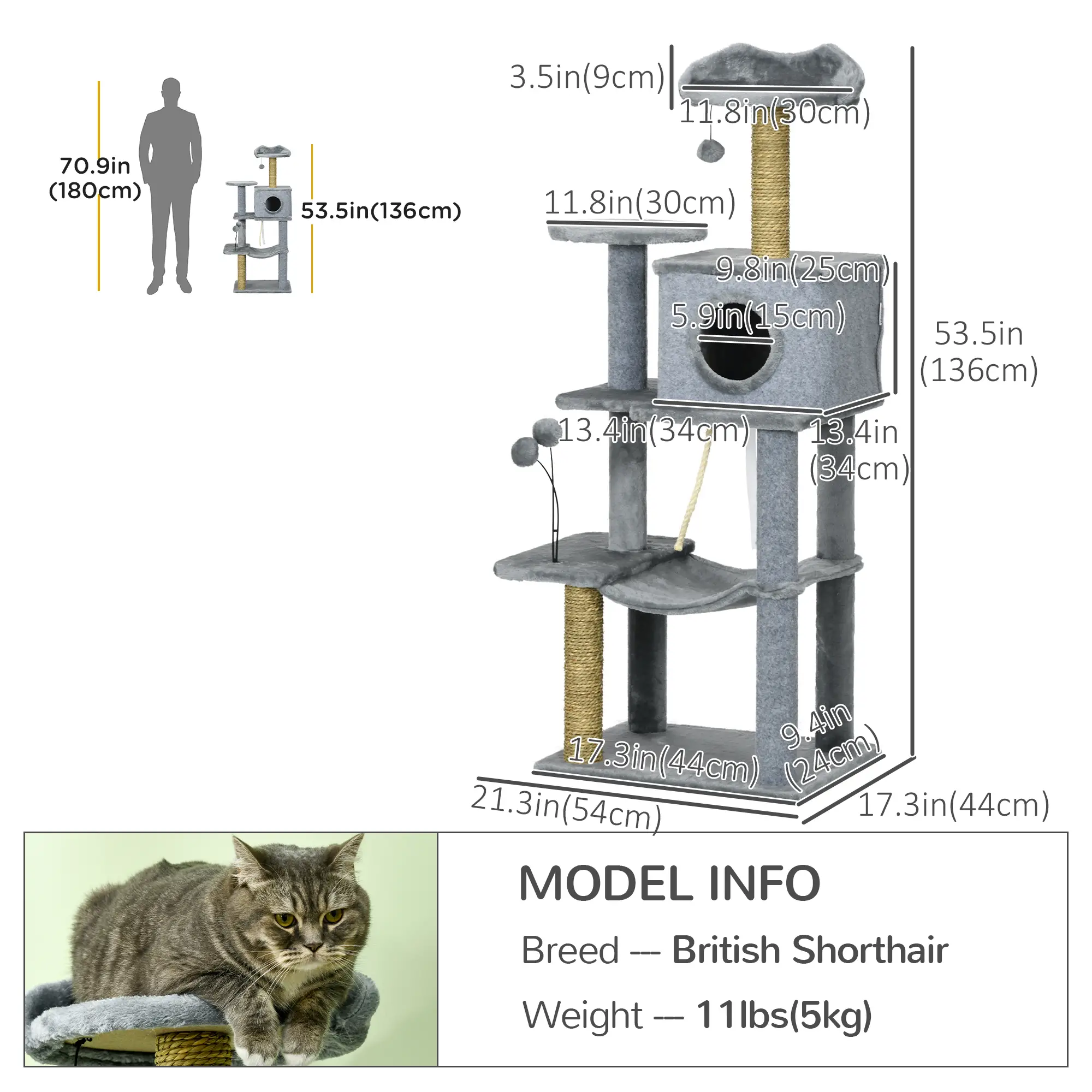 54" Cat Tree for Large Cats, Hammock, Scratching Post, Condo, Grey - Image 3
