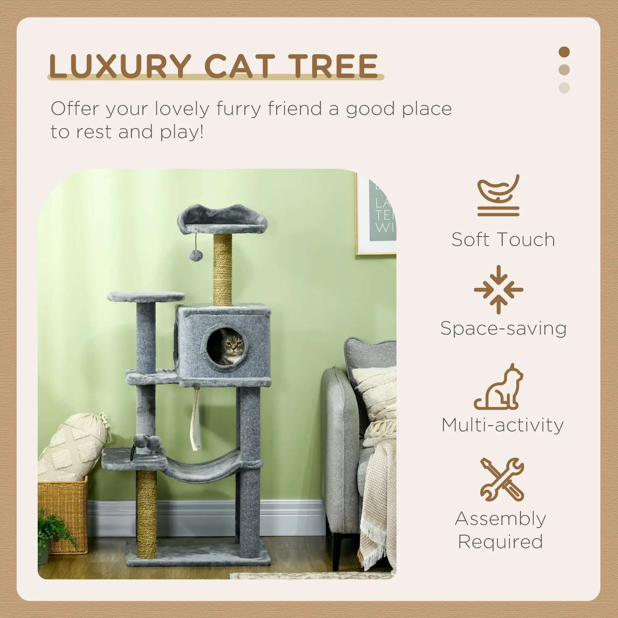 54" Cat Tree for Large Cats, Hammock, Scratching Post, Condo, Grey - Image 4