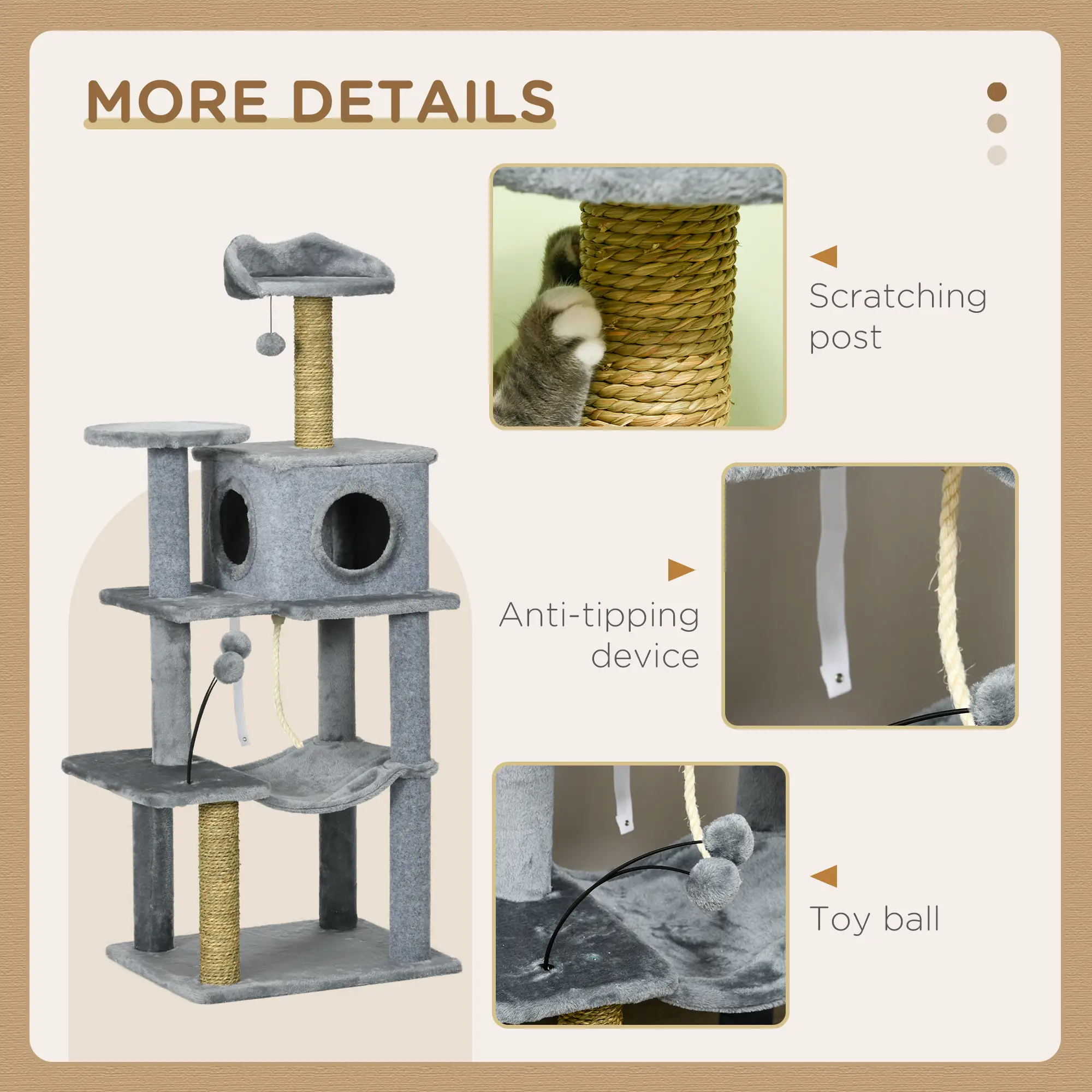 54" Cat Tree for Large Cats, Hammock, Scratching Post, Condo, Grey - Image 6