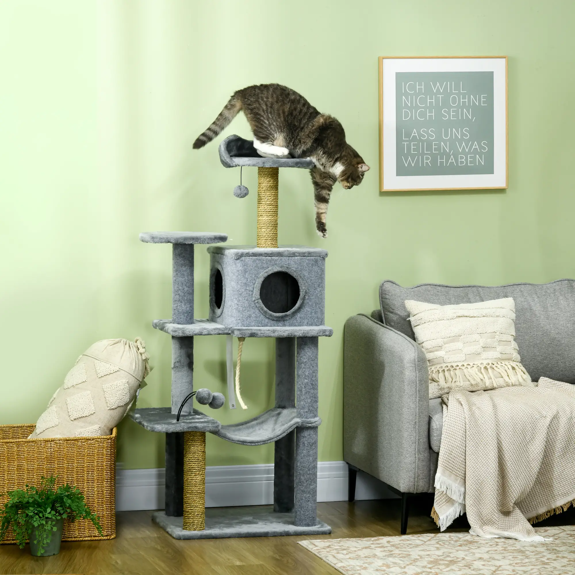 54" Cat Tree for Large Cats, Hammock, Scratching Post, Condo, Grey - Image 8