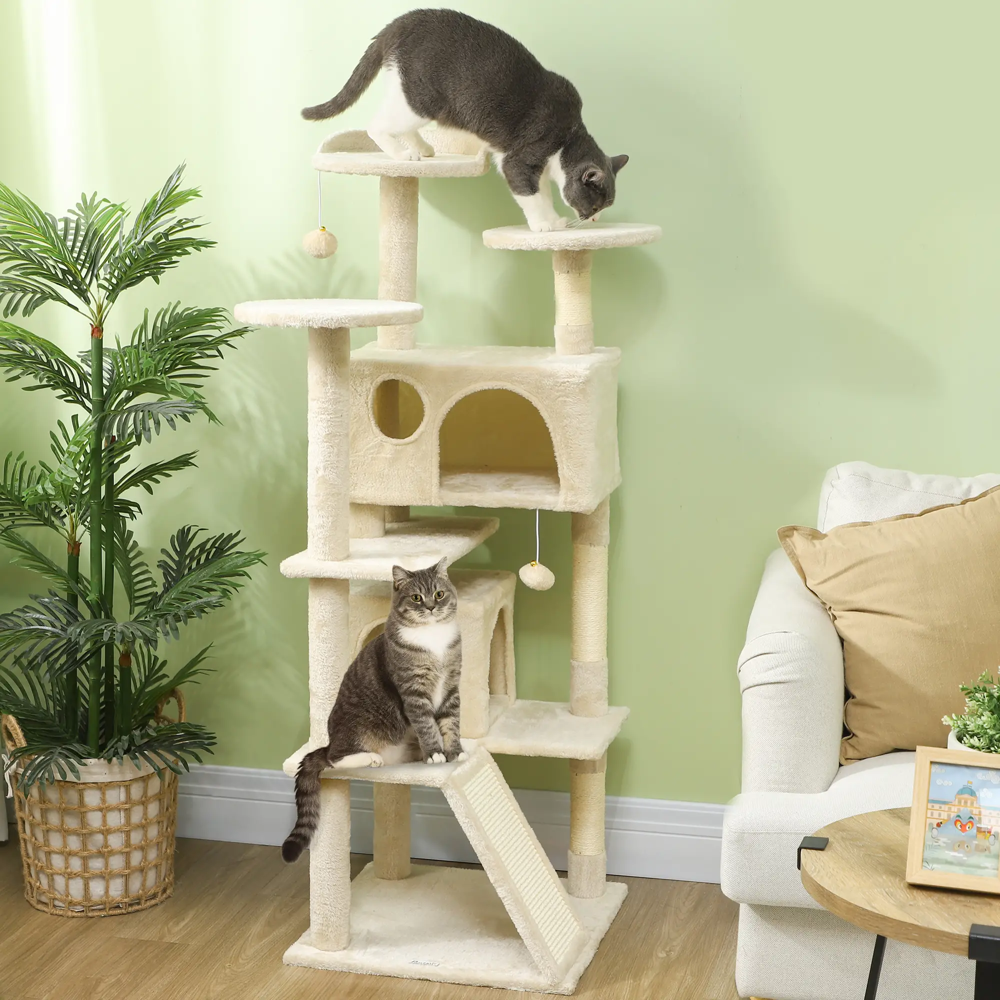 54" Cat Tree, Multi-Level Tower with Scratching Posts, Condos, Beige - Image 2