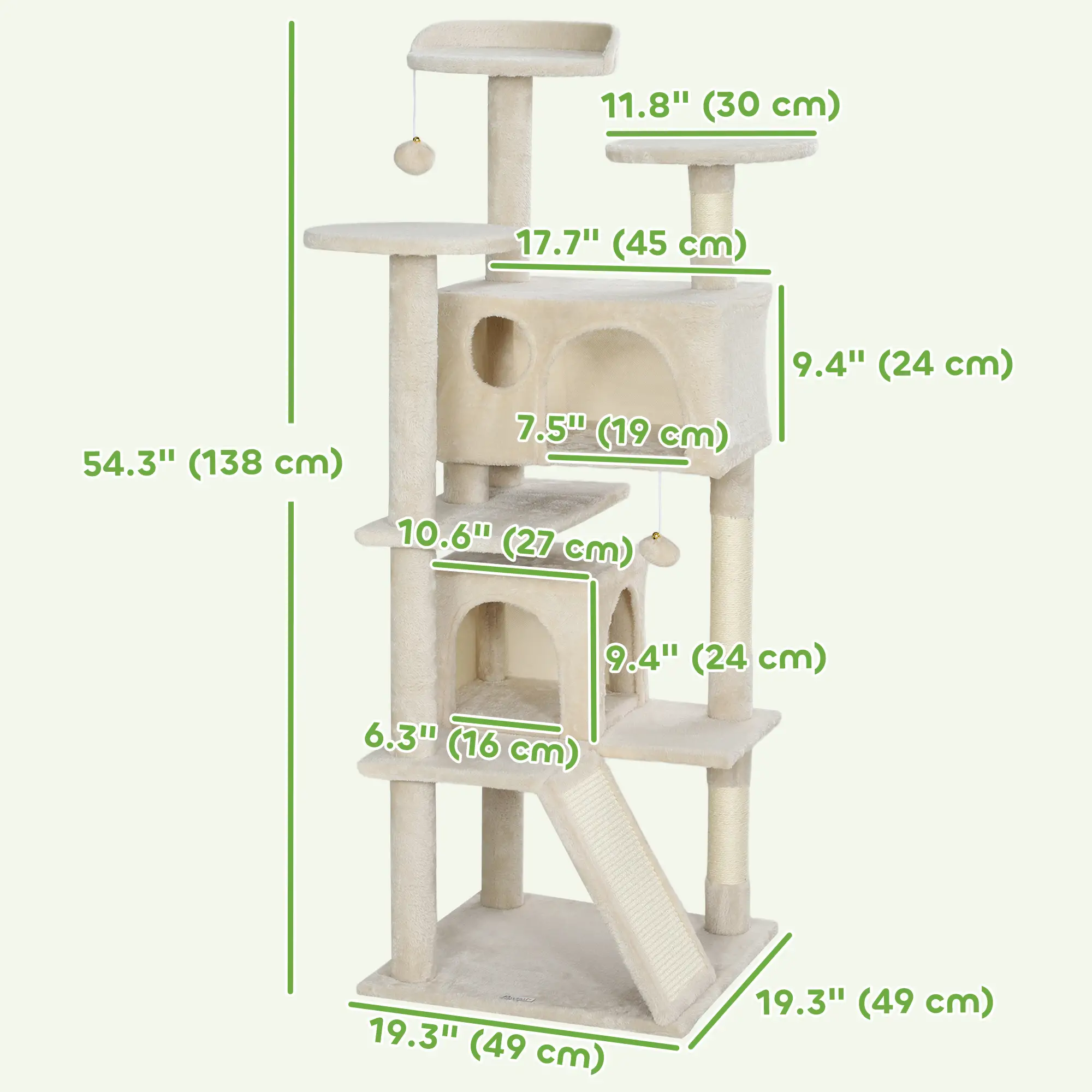54" Cat Tree, Multi-Level Tower with Scratching Posts, Condos, Beige - Image 3