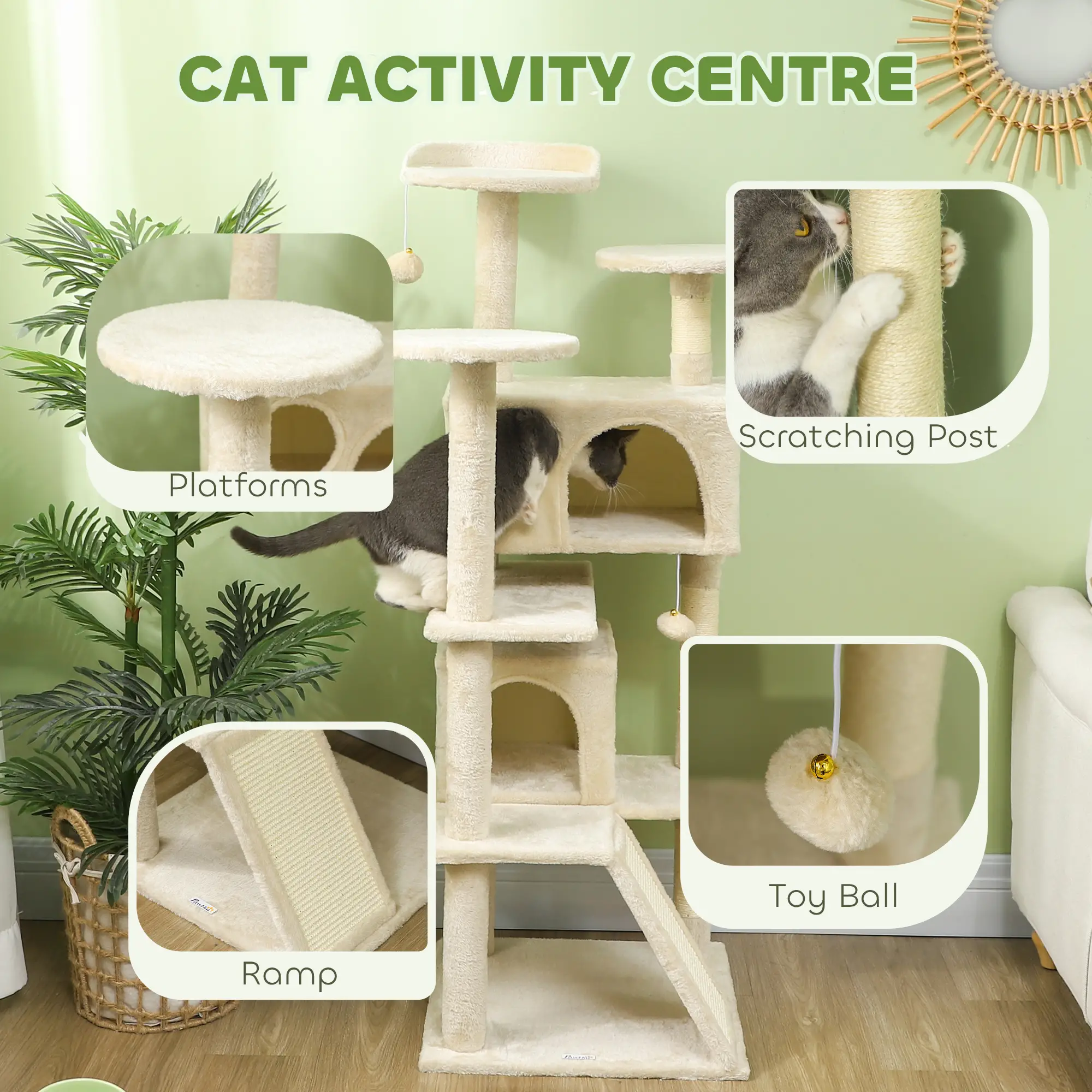 54" Cat Tree, Multi-Level Tower with Scratching Posts, Condos, Beige - Image 4