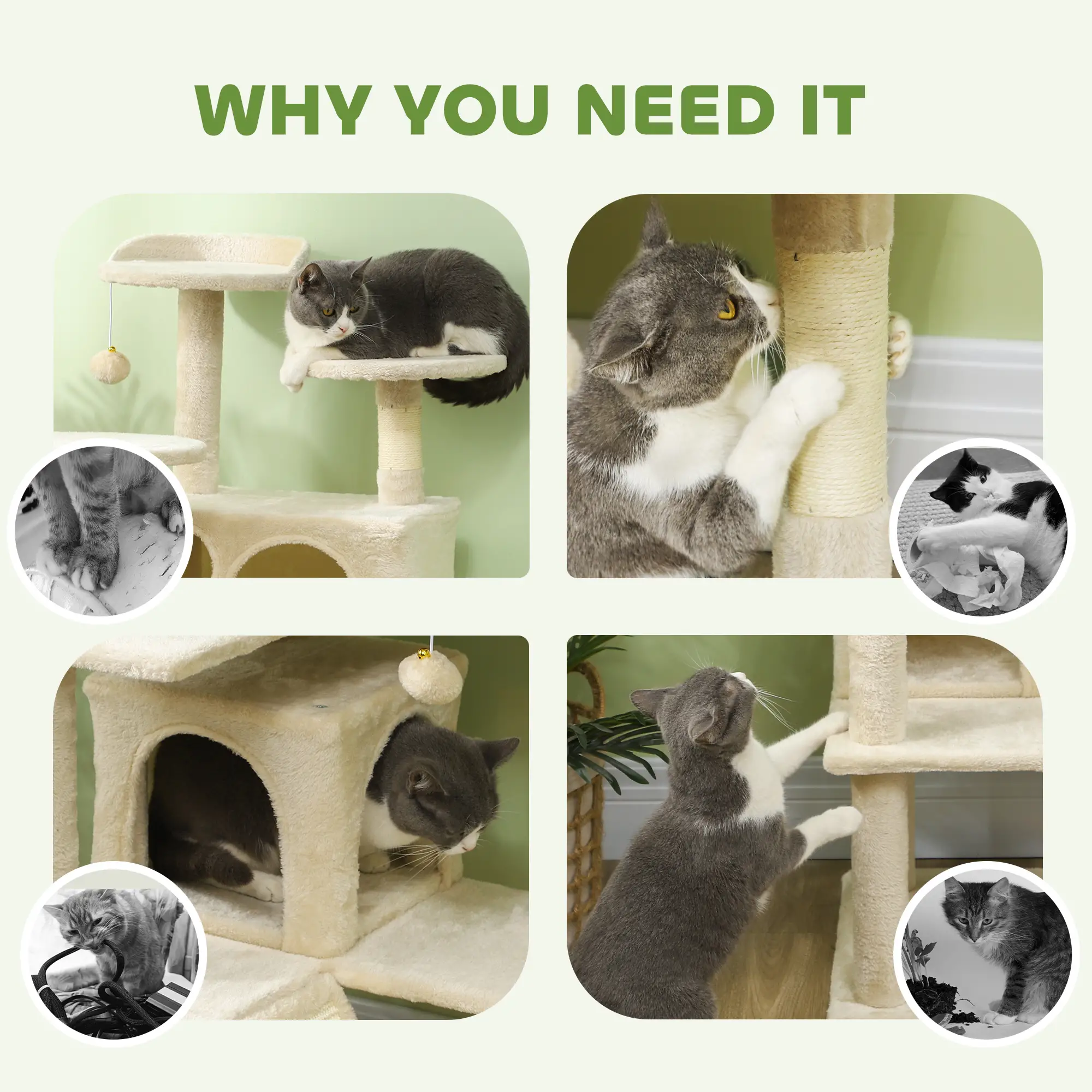 54" Cat Tree, Multi-Level Tower with Scratching Posts, Condos, Beige - Image 6