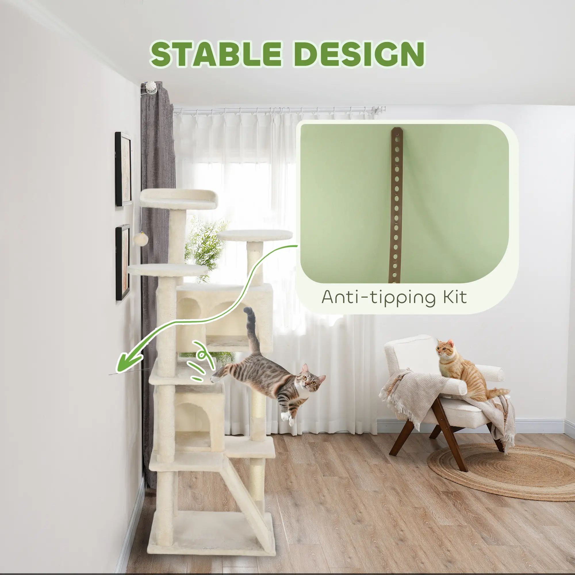 54" Cat Tree, Multi-Level Tower with Scratching Posts, Condos, Beige - Image 7