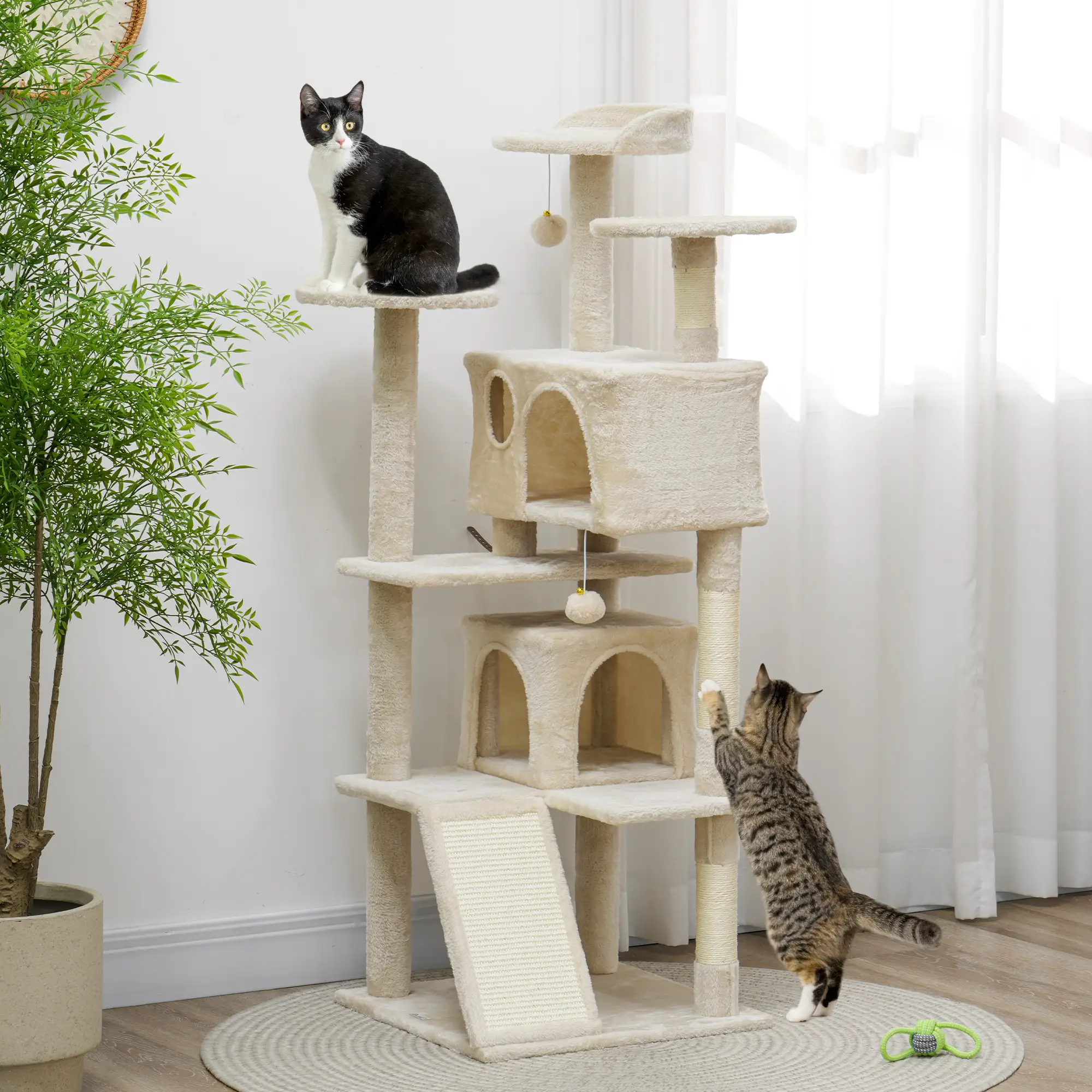 54" Cat Tree, Multi-Level Tower with Scratching Posts, Condos, Beige - Image 8