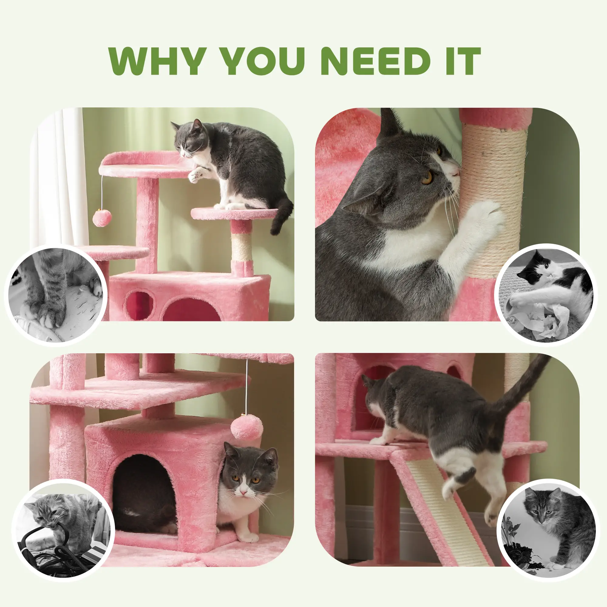 54" Cat Tree, Multi-Level Tower with Scratching Posts, Condos, Pink - Image 6