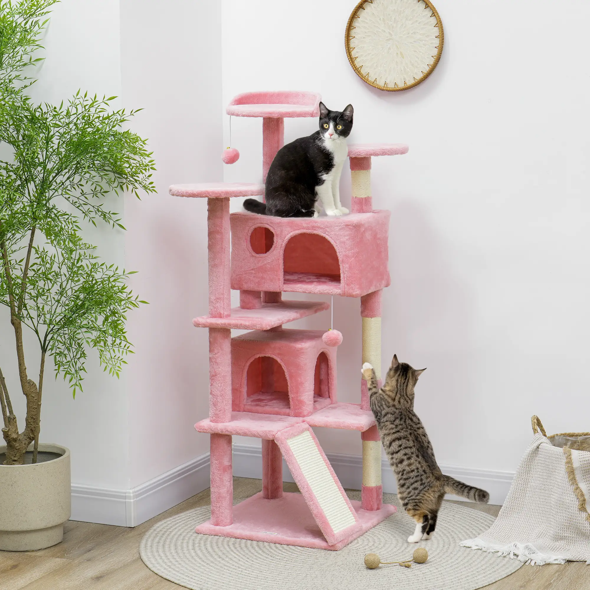 54" Cat Tree, Multi-Level Tower with Scratching Posts, Condos, Pink - Image 8