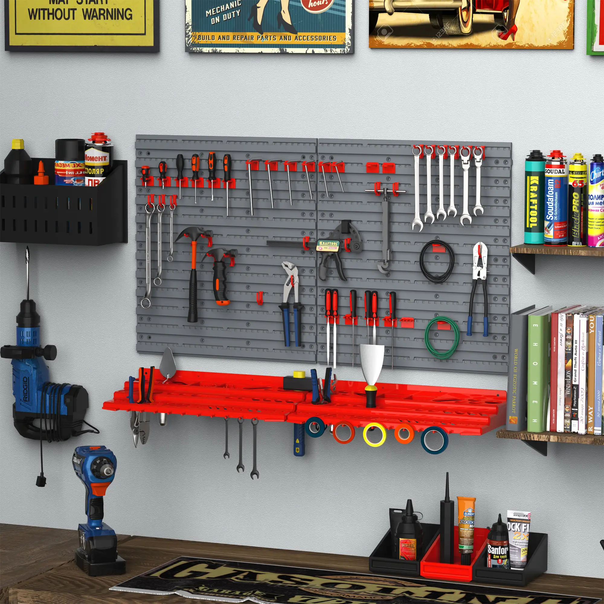 54 Piece Plastic Pegboard Panels, Wall Mounted Garage Storage, 50 Hooks, Red - Image 2